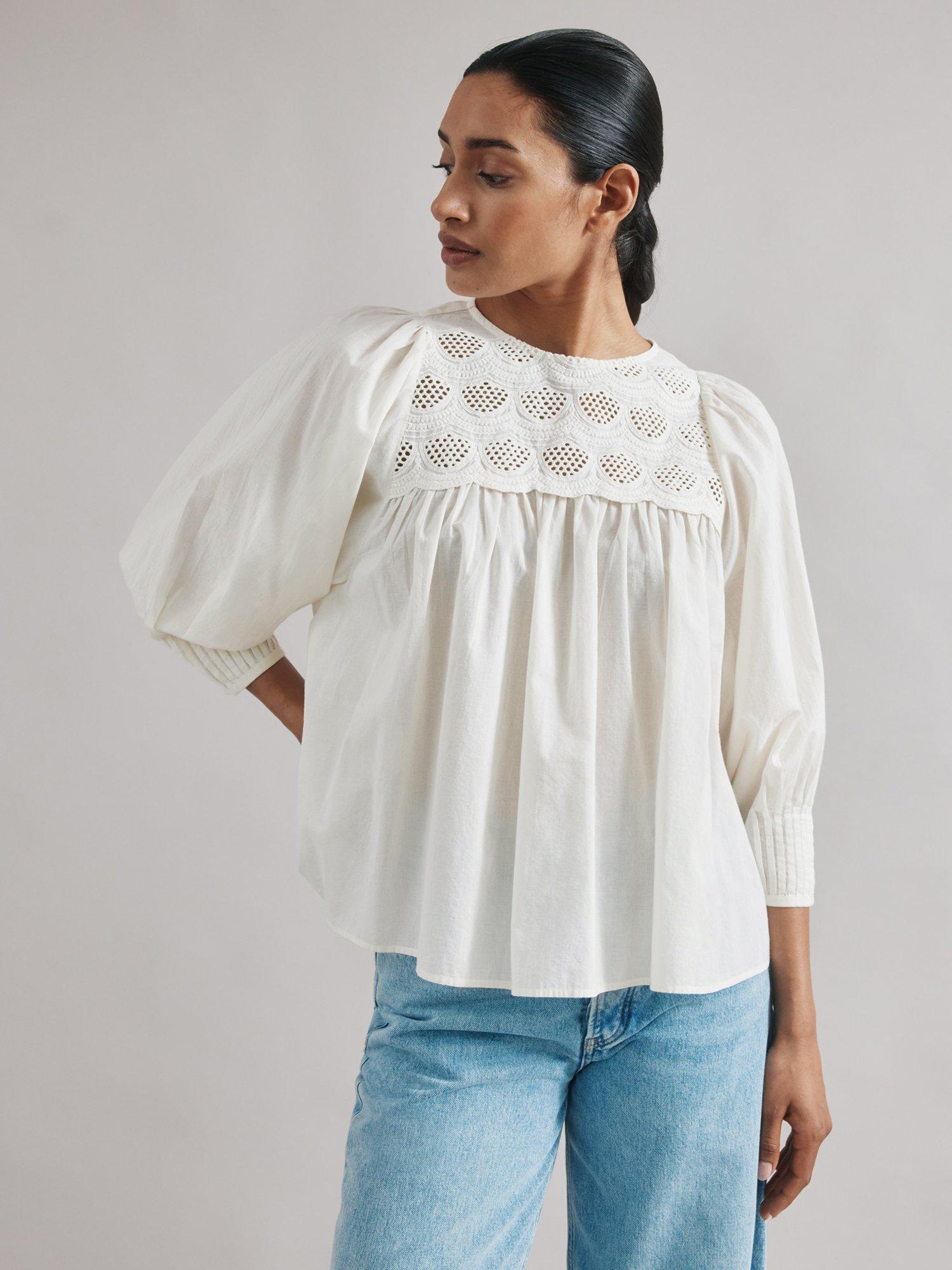 Product image 1 of 5, which shows Albaray Scallop Embroidered Yoke Top, Cream, 8