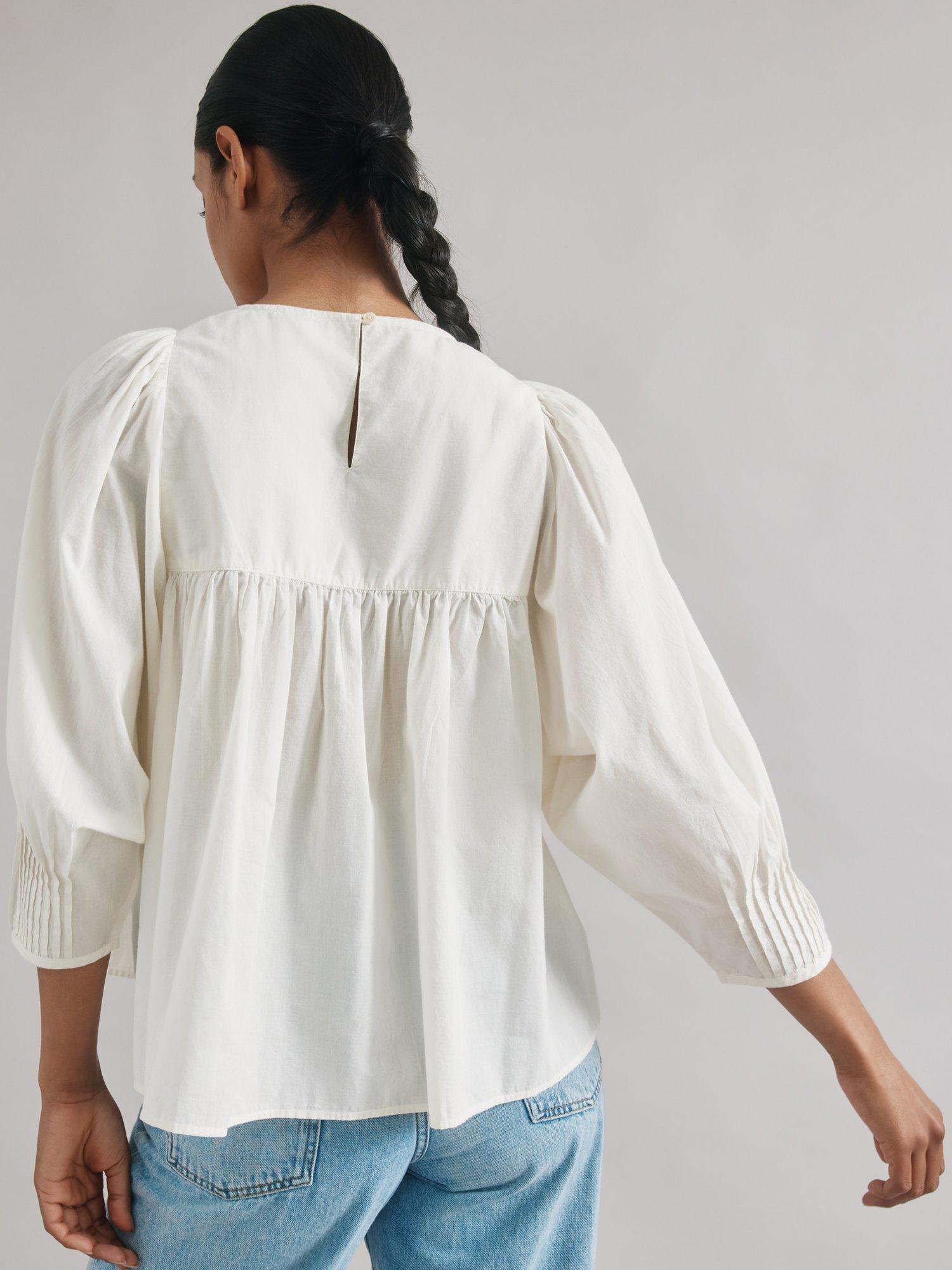 Product image 2 of 5, which shows Albaray Scallop Embroidered Yoke Top, Cream, 8