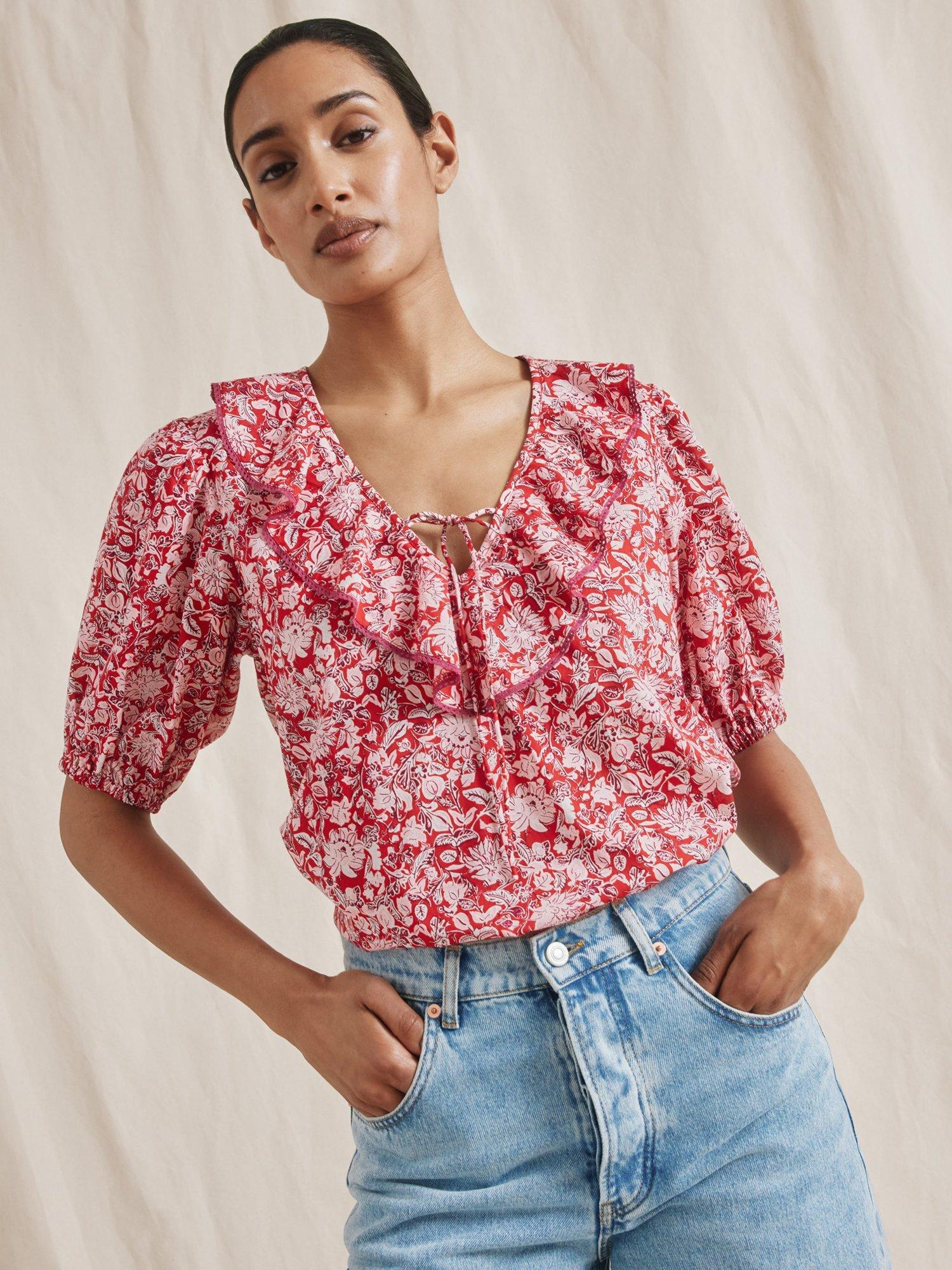 Albaray Woodblock Frill Pure Organic Cotton Top, Red/Multi