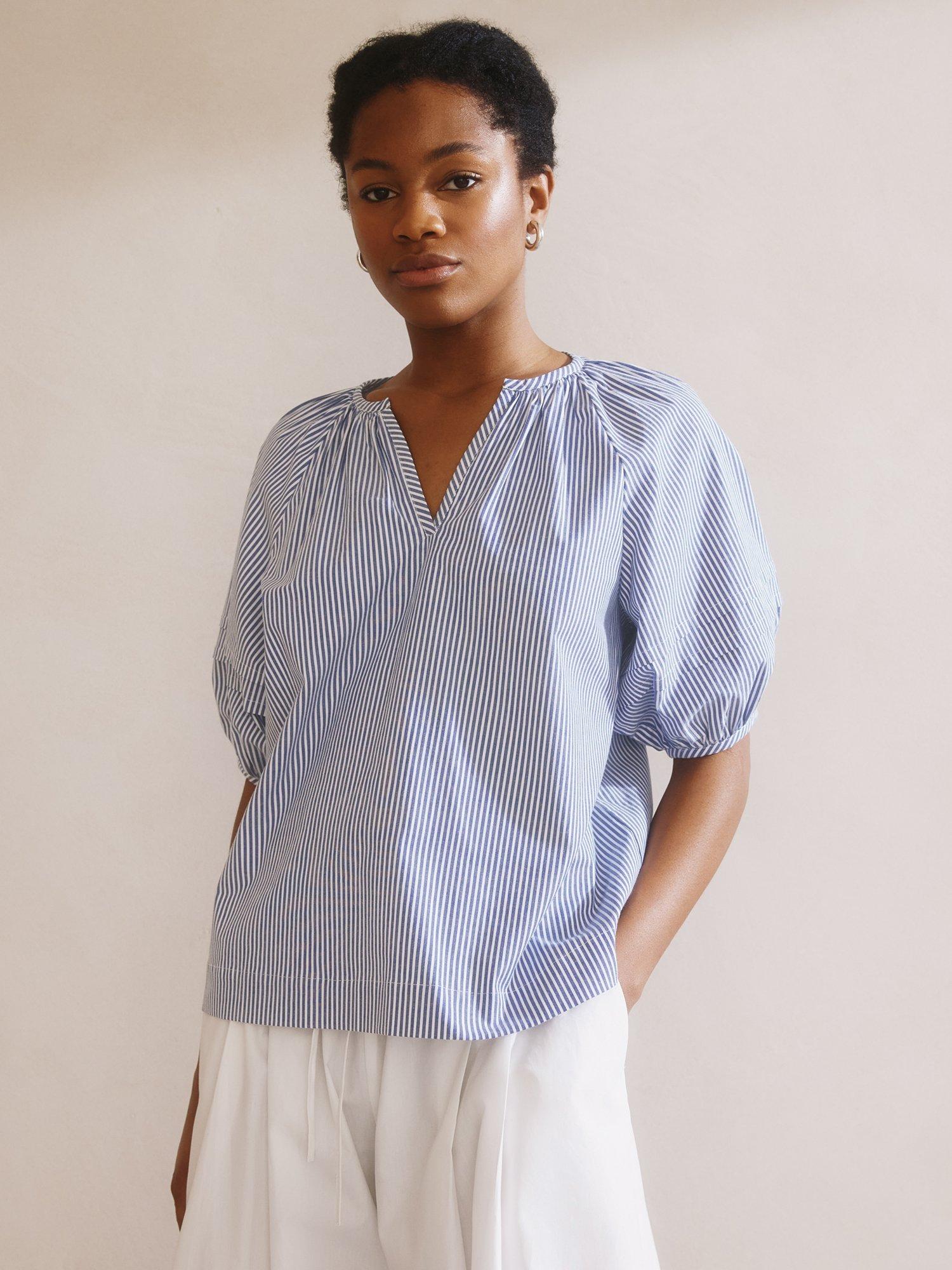 Albaray Stripe Organic Cotton Rich Notch Neck Top, Blue