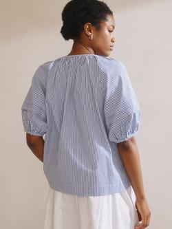 Albaray Stripe Organic Cotton Rich Notch Neck Top, Blue - view 2, Blue