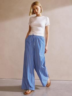 Albaray Stripe Drawstring Organic Cotton Rich Trousers, Blue, Blue