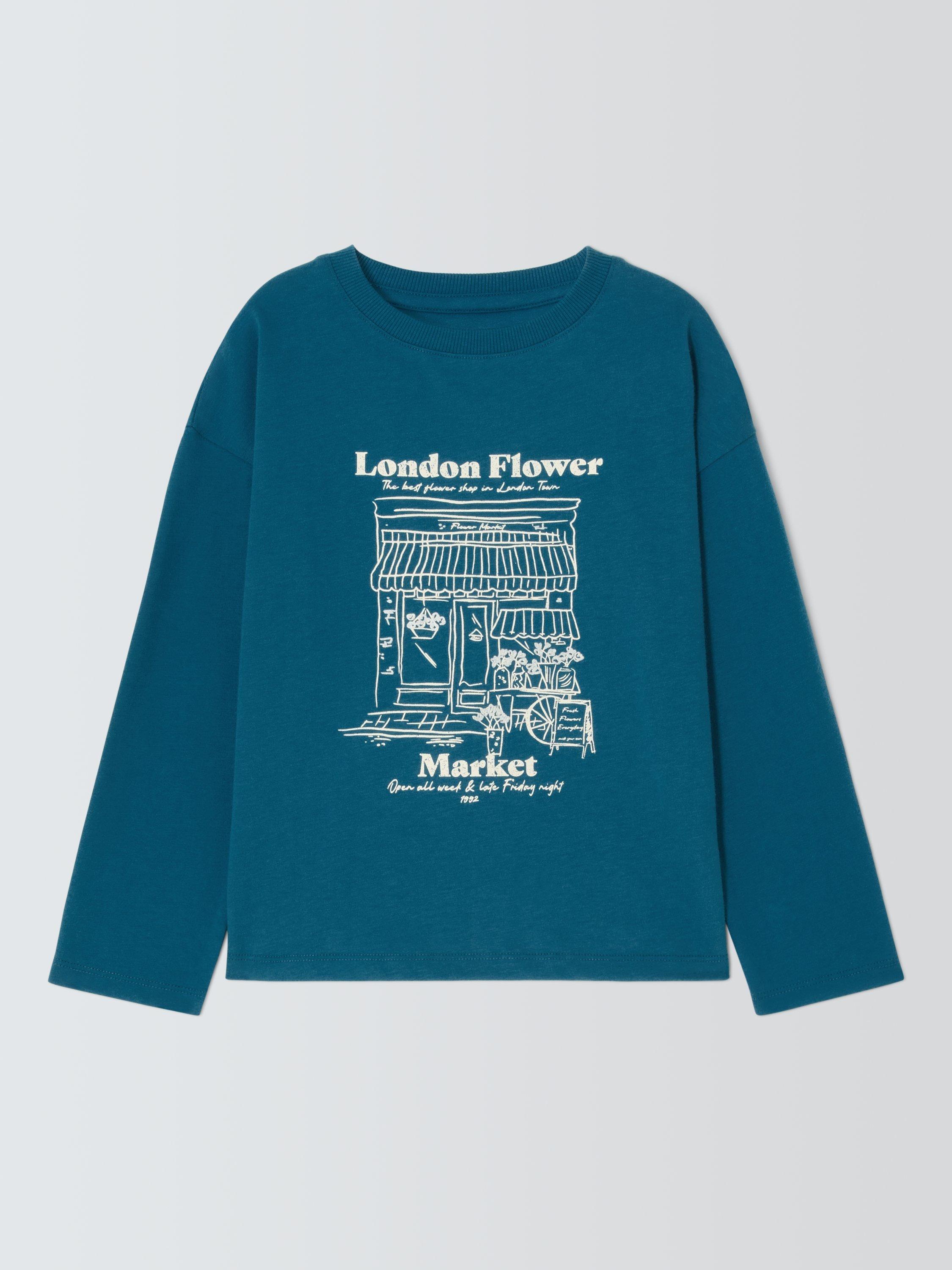 Product image 1 of 3, which shows John Lewis Kid's Flower Shop Jersey Top, Blue, White, 3 years