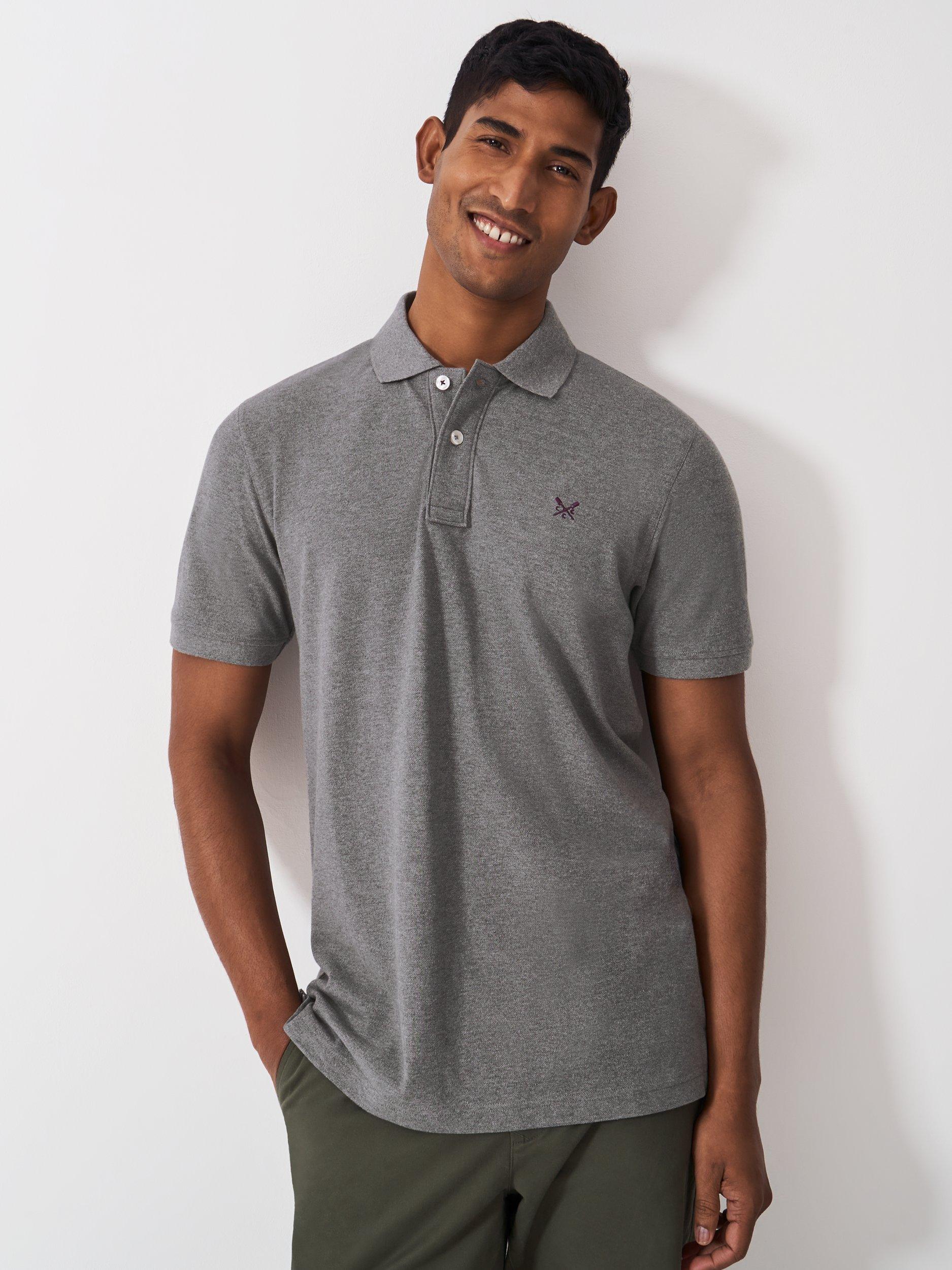 Product image 1 of 5, which shows Crew Clothing Cotton Regular Fit Short Sleeve Polo Shirt, Dark Grey, XS