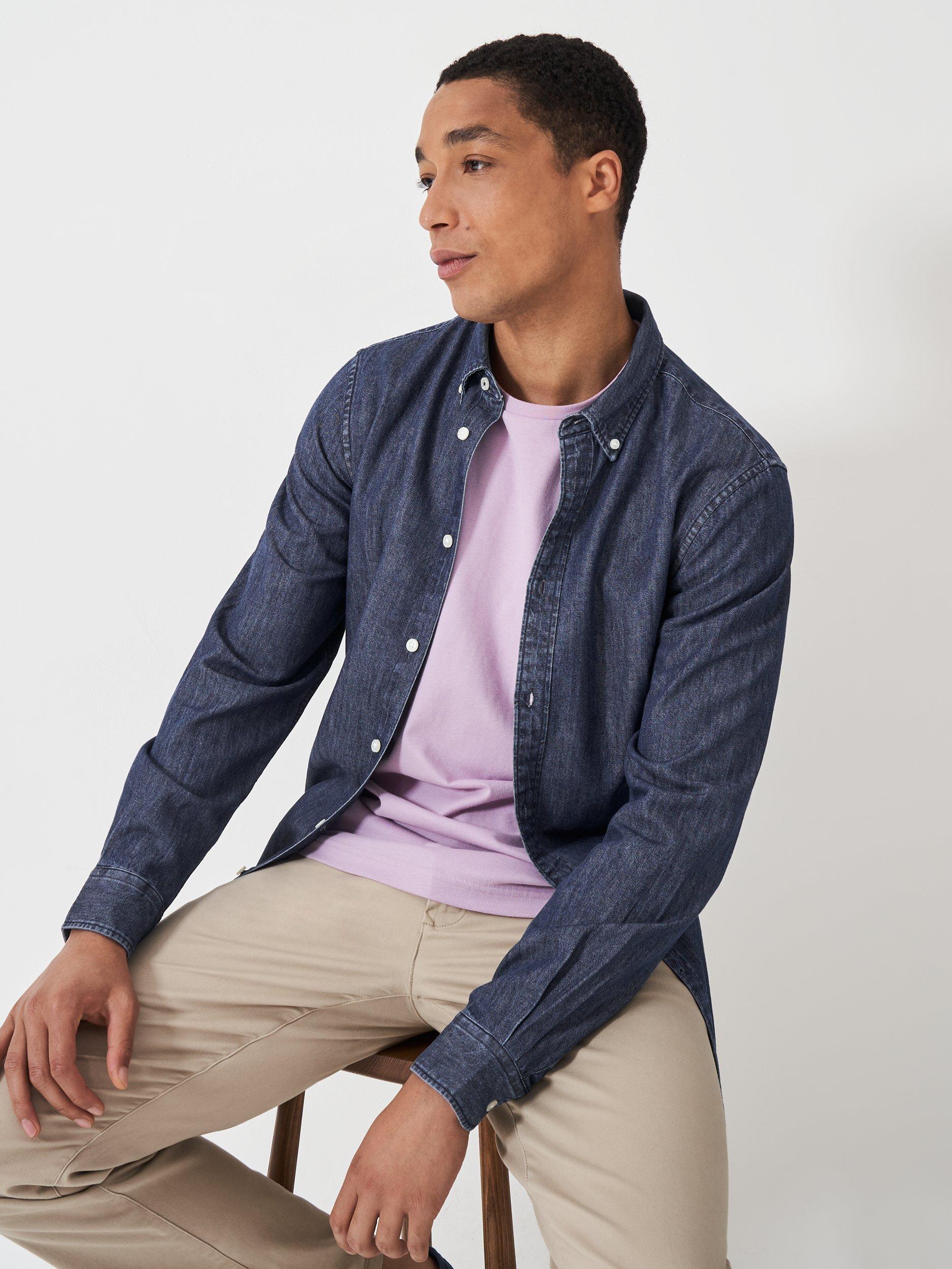 Product image 1 of 4, which shows Crew Clothing Cotton Regular Fit Denim Shirt, Airforce Blue, L