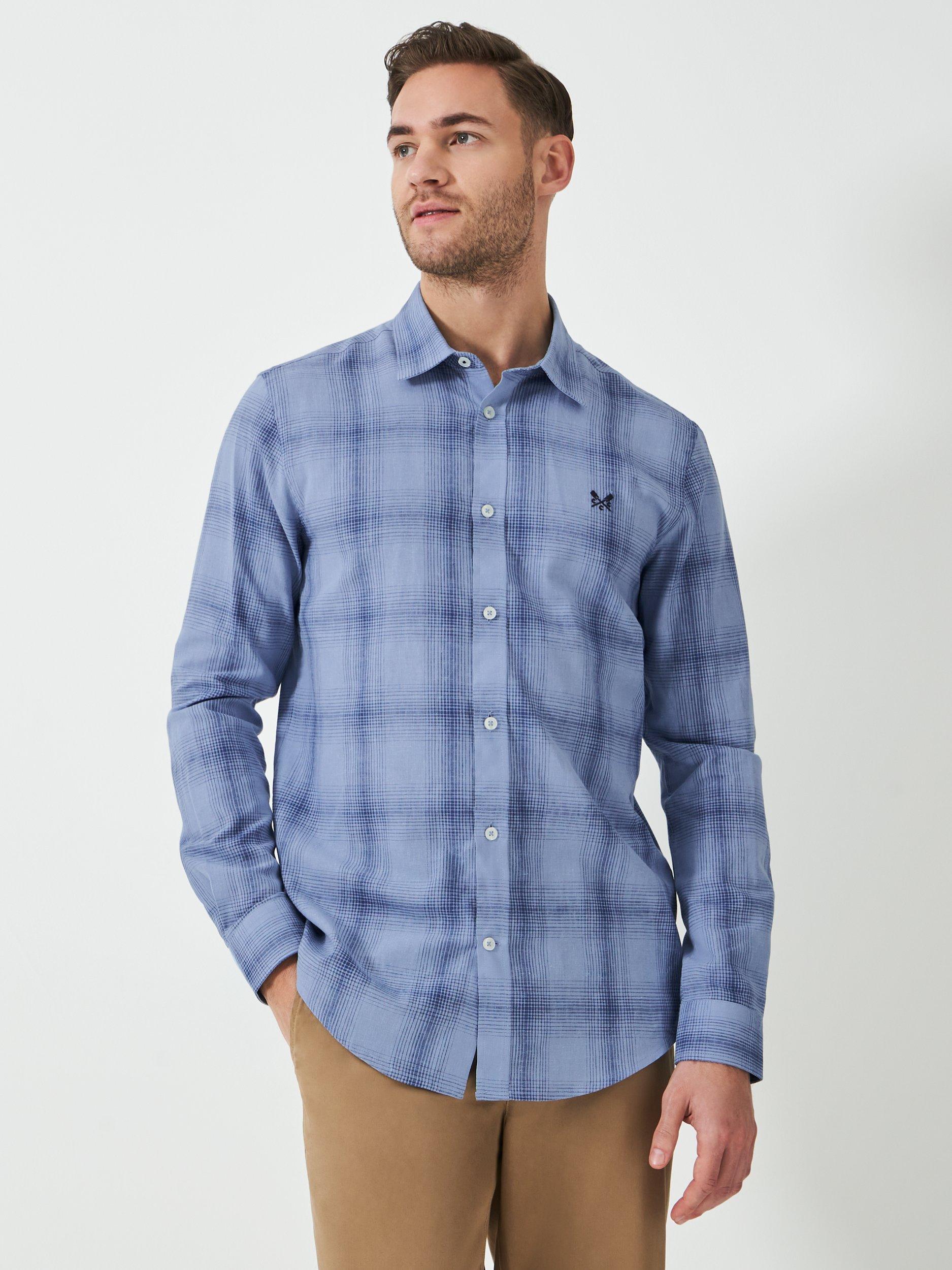 Product image 1 of 5, which shows Crew Clothing Cotton Linen Blend Regular Fit Check Shirt, Light Blue, L