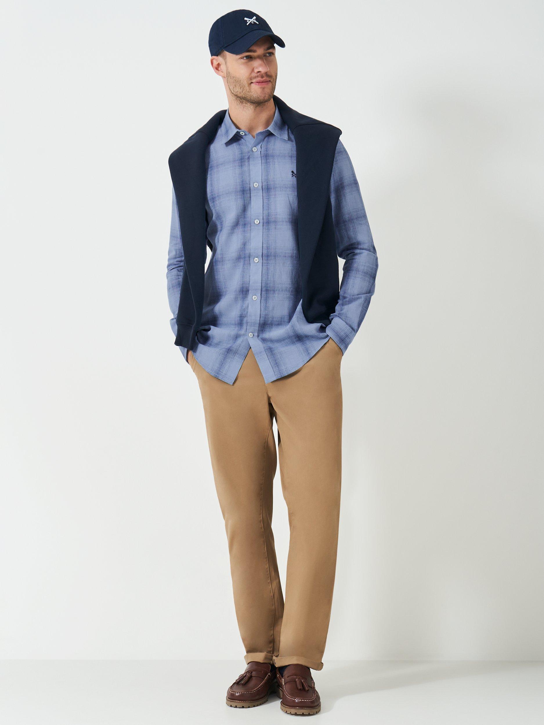 Product image 2 of 5, which shows Crew Clothing Cotton Linen Blend Regular Fit Check Shirt, Light Blue, L