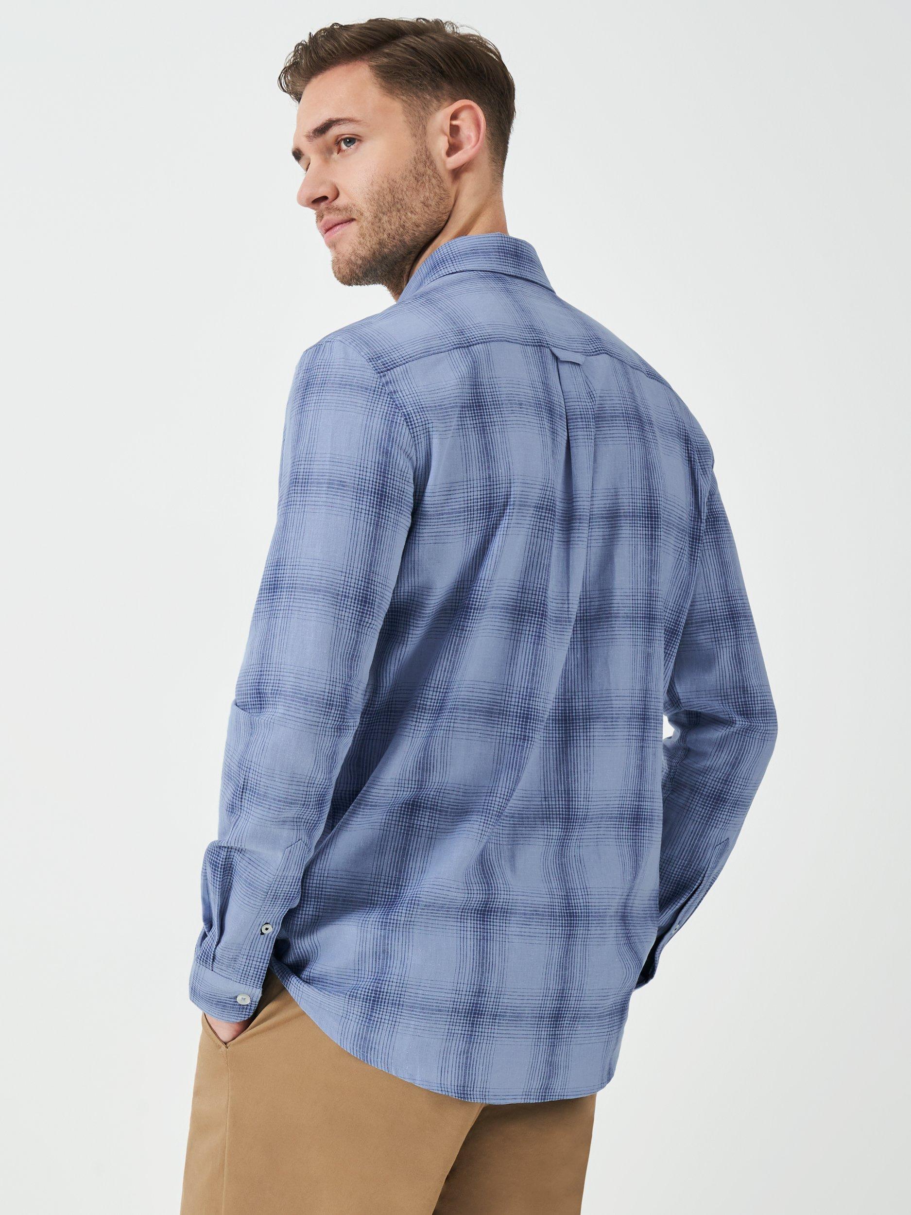 Product image 3 of 5, which shows Crew Clothing Cotton Linen Blend Regular Fit Check Shirt, Light Blue, L