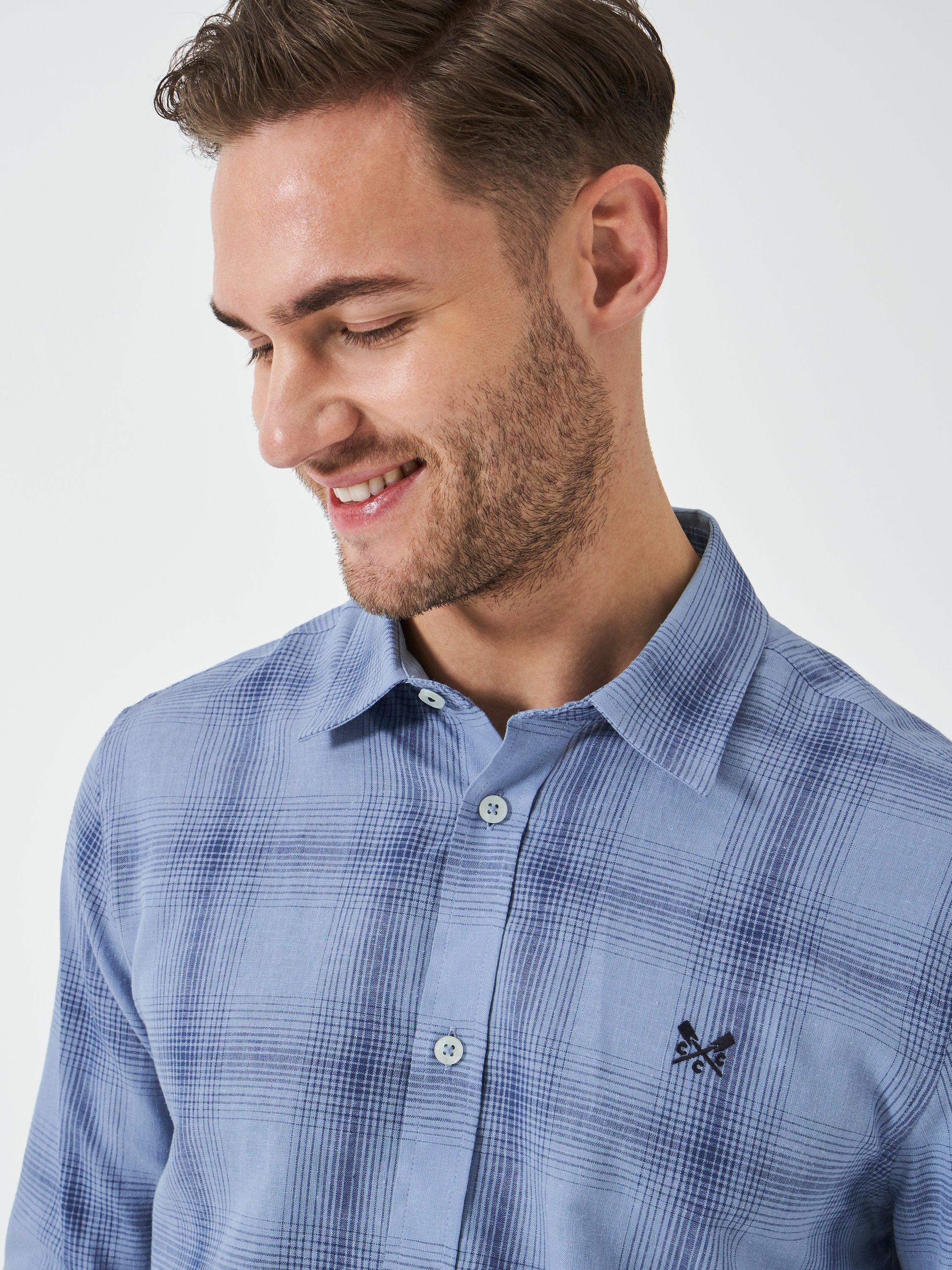 Product image 4 of 5, which shows Crew Clothing Cotton Linen Blend Regular Fit Check Shirt, Light Blue, L