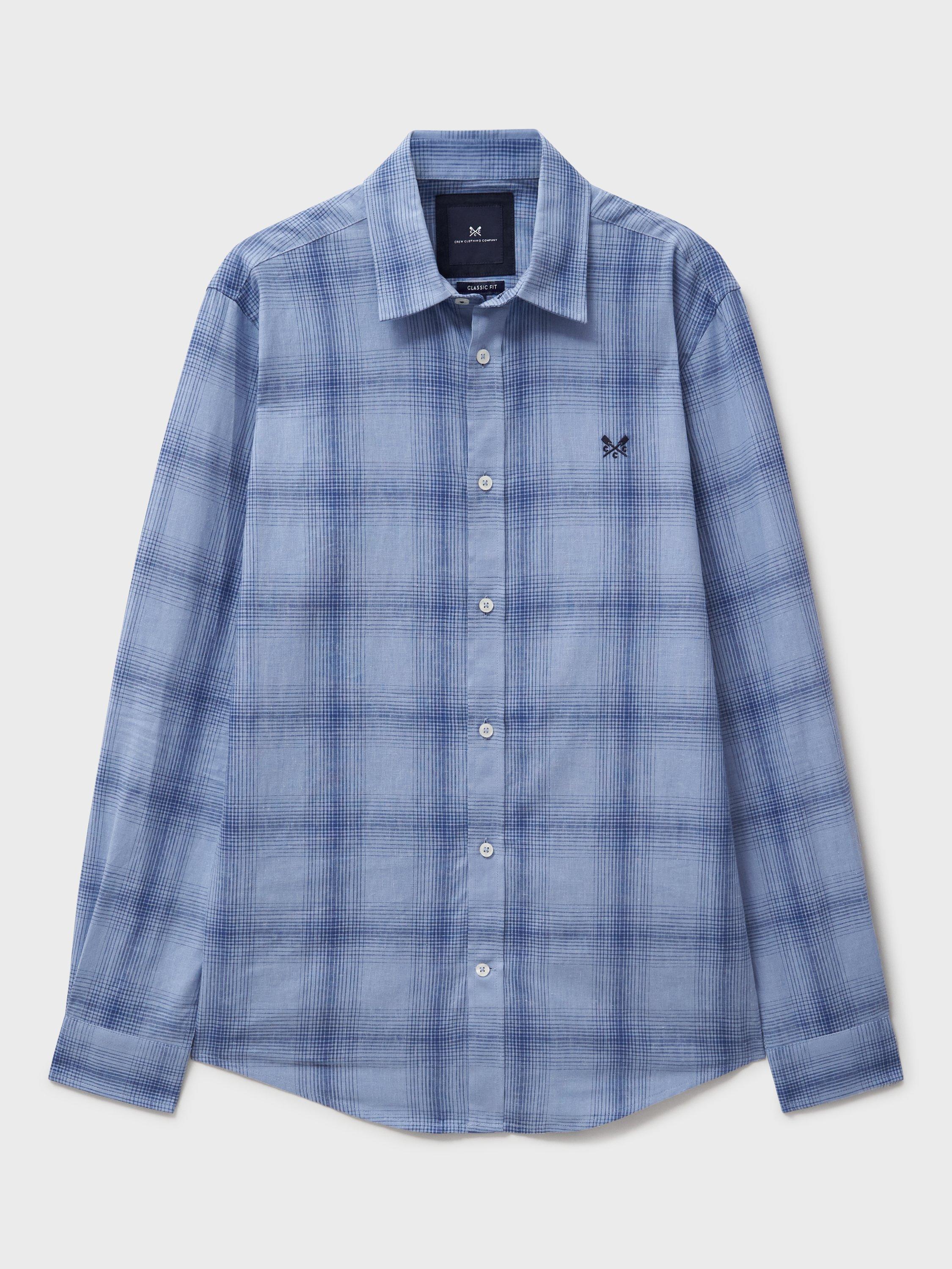 Product image 5 of 5, which shows Crew Clothing Cotton Linen Blend Regular Fit Check Shirt, Light Blue, L
