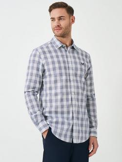Crew Clothing Linen Cotton Blend Regular Fit Check Shirt, Navy/White, Navy/White