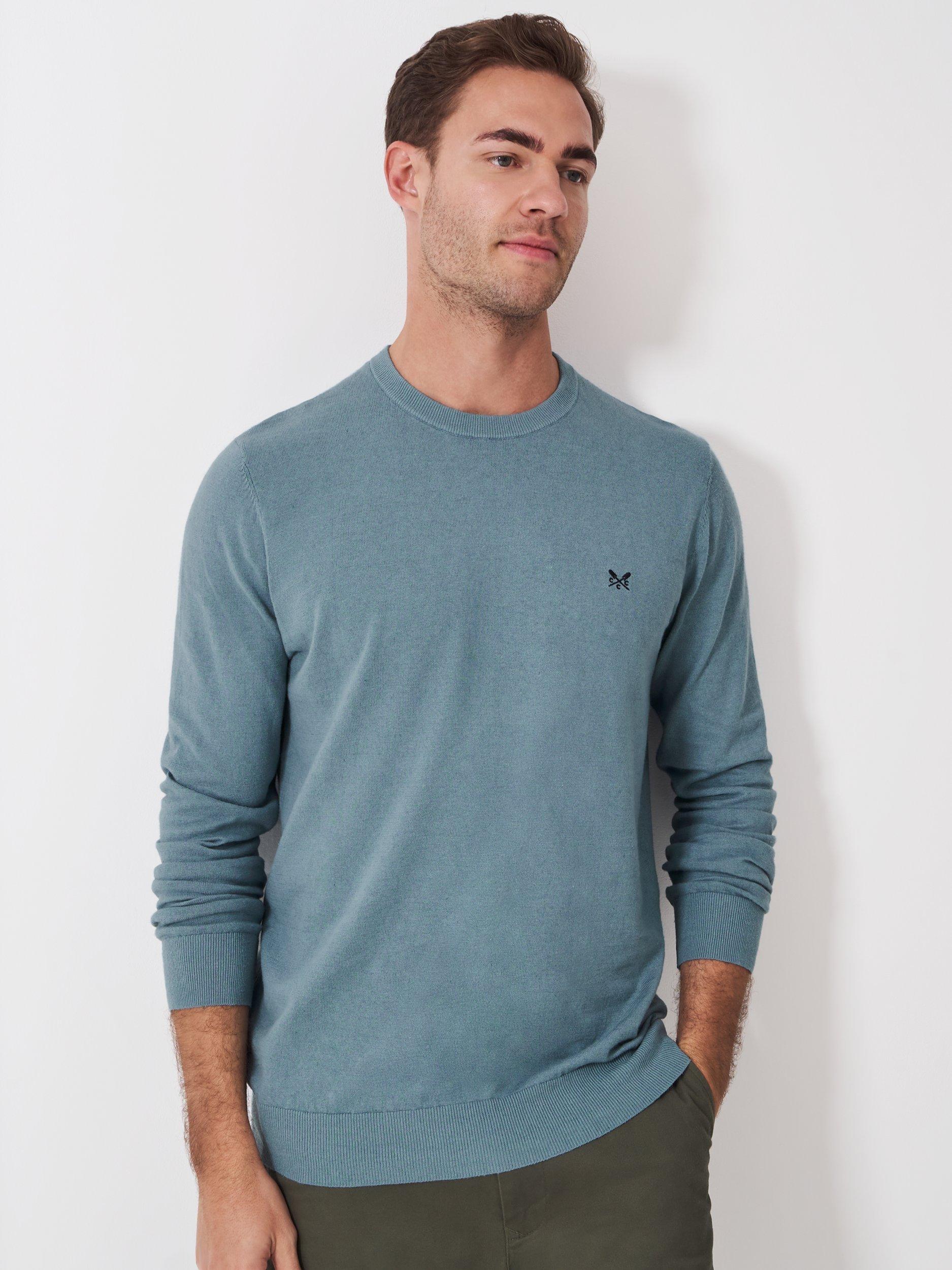 Product image 1 of 5, which shows Crew Clothing Cotton Linen Blend Crew Neck Jumper, Airforce Blue, XS