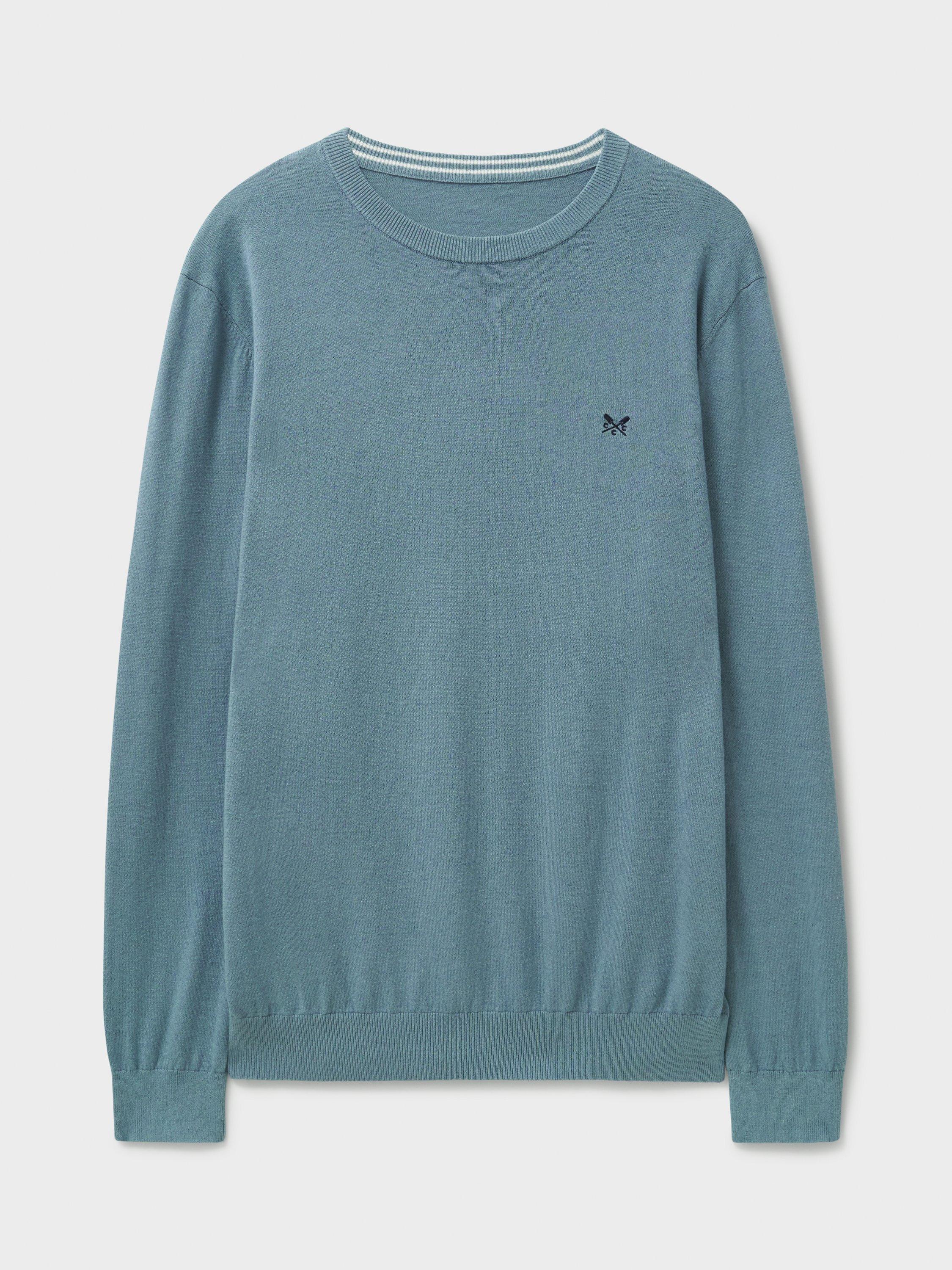 Product image 5 of 5, which shows Crew Clothing Cotton Linen Blend Crew Neck Jumper, Airforce Blue, XS