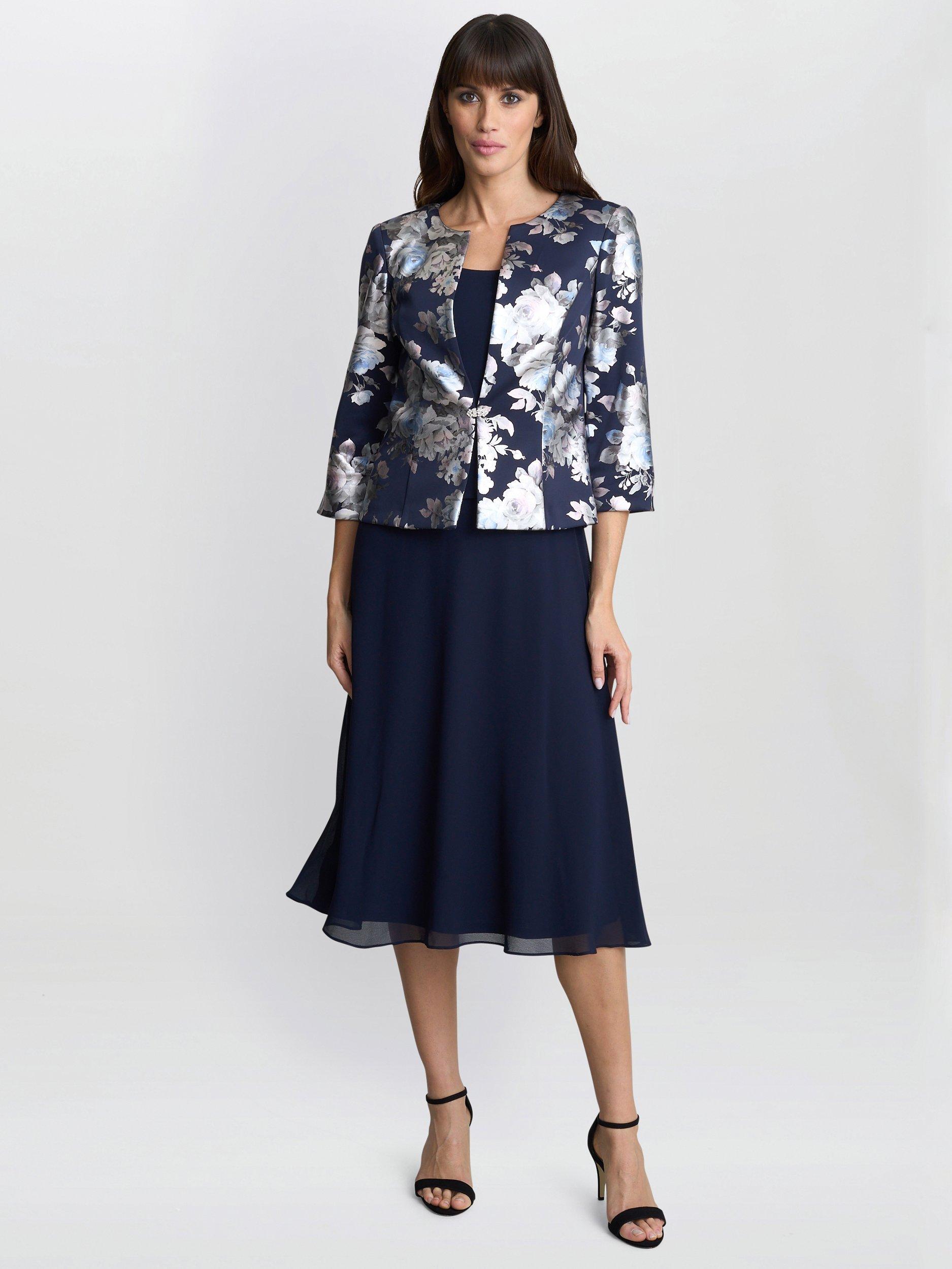 Product image 1 of 4, which shows Gina Bacconi Sandra Floral Jacquard Jacket & Dress, Navy/Multi, 10