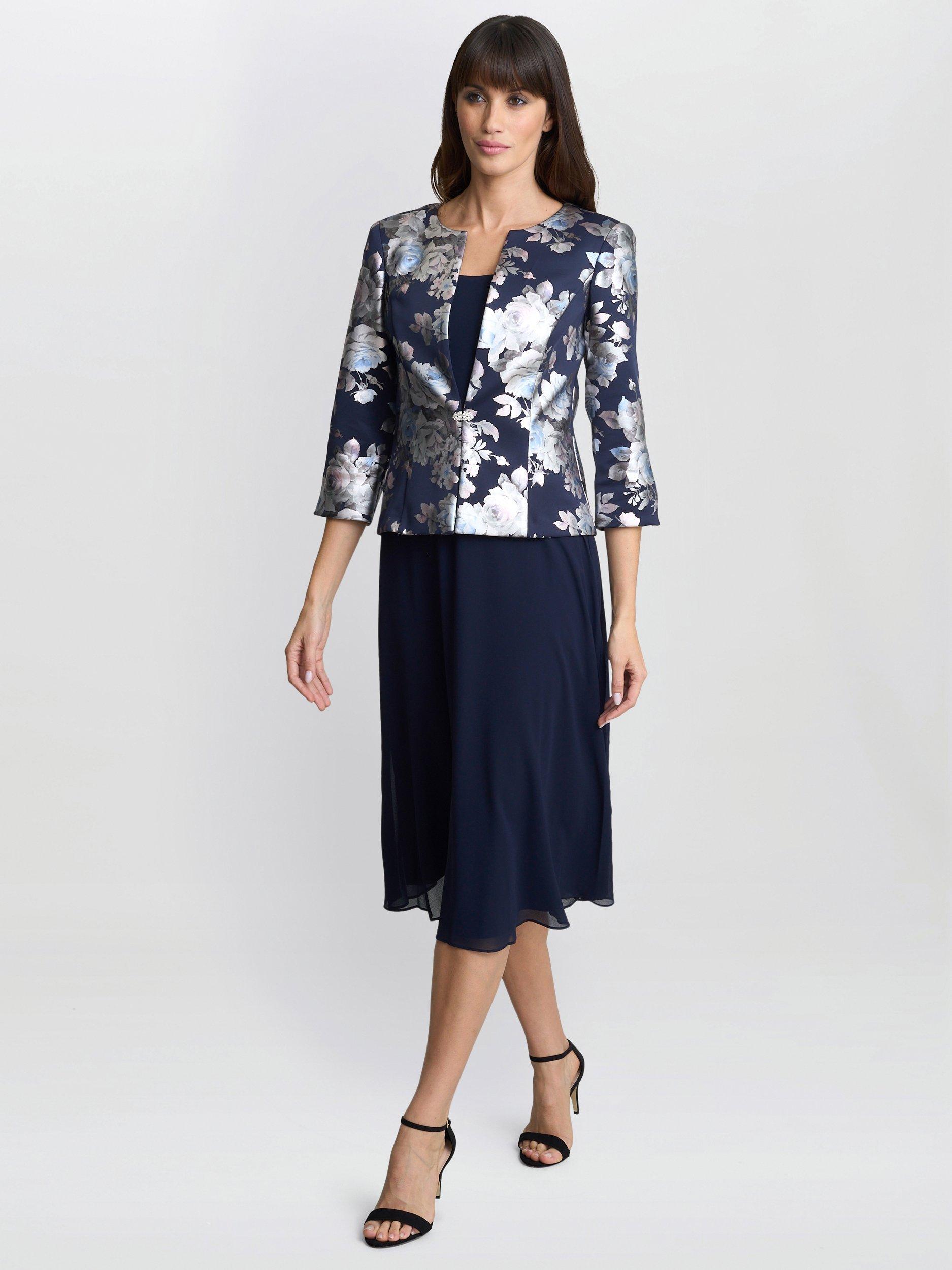 Product image 3 of 4, which shows Gina Bacconi Sandra Floral Jacquard Jacket & Dress, Navy/Multi, 10