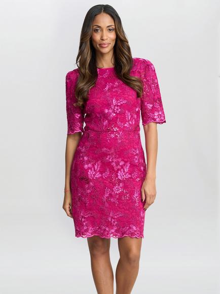 Gina Bacconi Tammy Embroidered Lace Dress, Pink, Pink