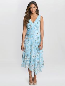 Gina Bacconi Cressida Floral Asymmetric Dress, Aqua Blue, Aqua Blue