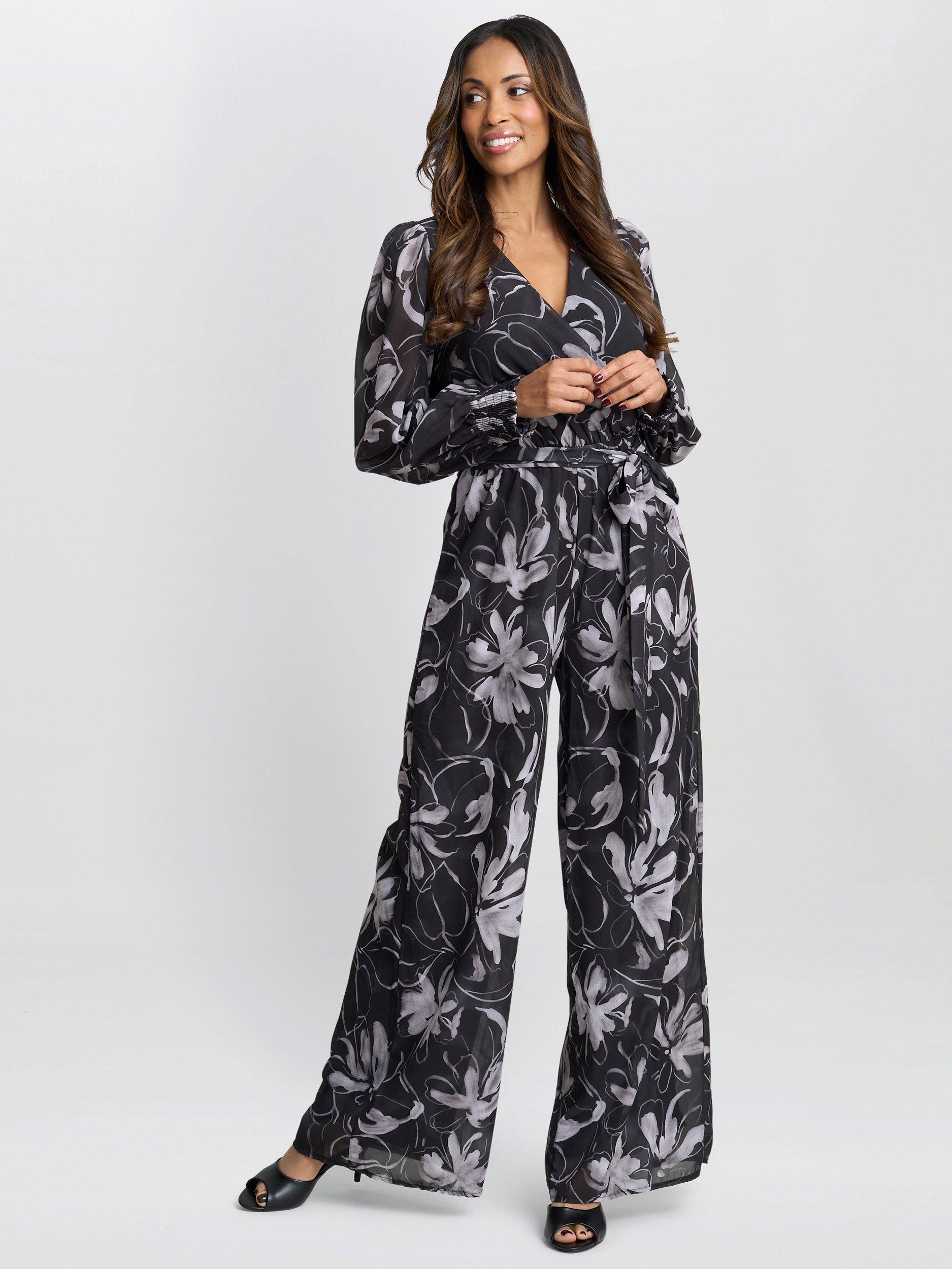 Product image 1 of 6, which shows Gina Bacconi Kourtney Chiffon Jumpsuit, Black/White, S