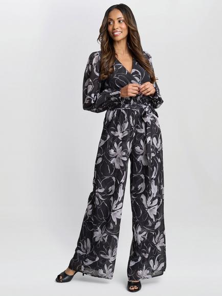 Gina Bacconi Kourtney Chiffon Jumpsuit, Black/White, Black/White