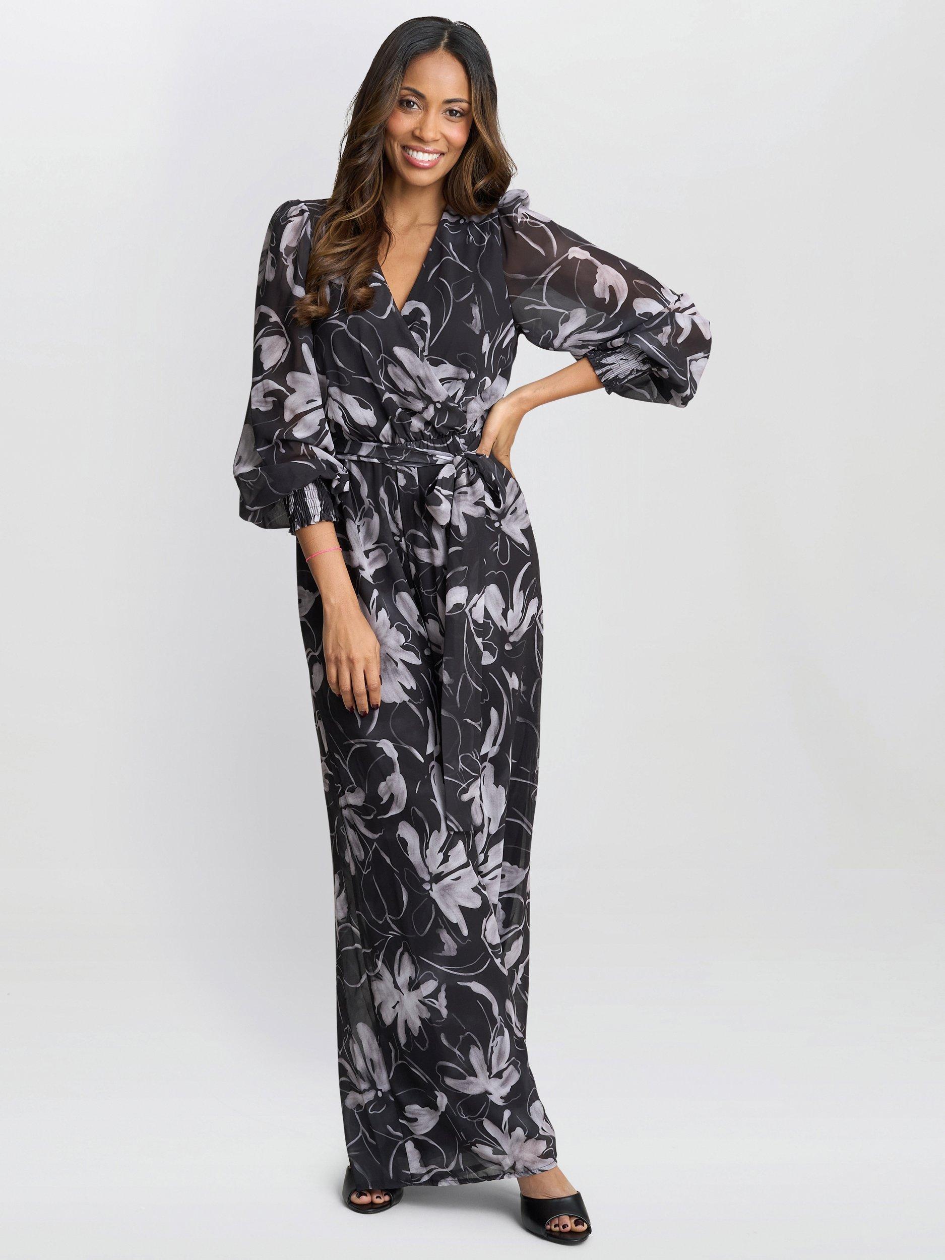 Product image 3 of 6, which shows Gina Bacconi Kourtney Chiffon Jumpsuit, Black/White, S