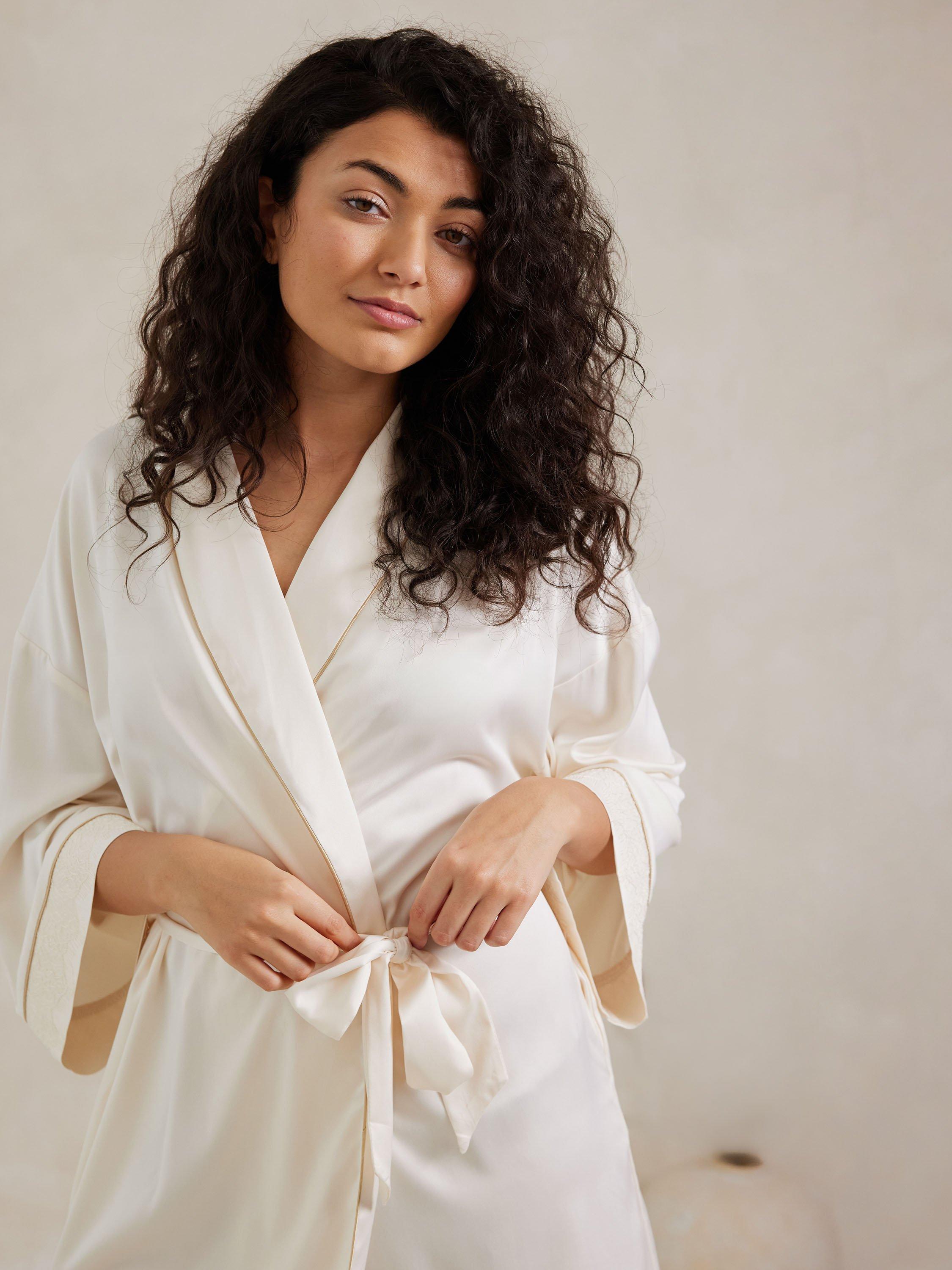 Product image 5 of 5, which shows Chelsea Peers Satin Lace Trim Dressing Gown, Ivory, 18
