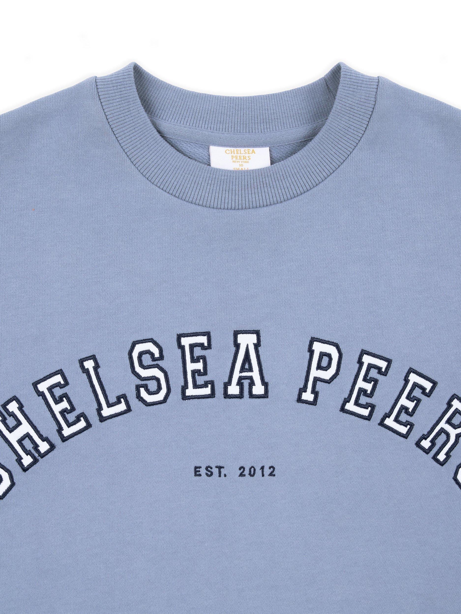 Product image 5 of 6, which shows Chelsea Peers Varsity Logo Pure Organic Cotton Sweatshirt, Petrol Blue, 6