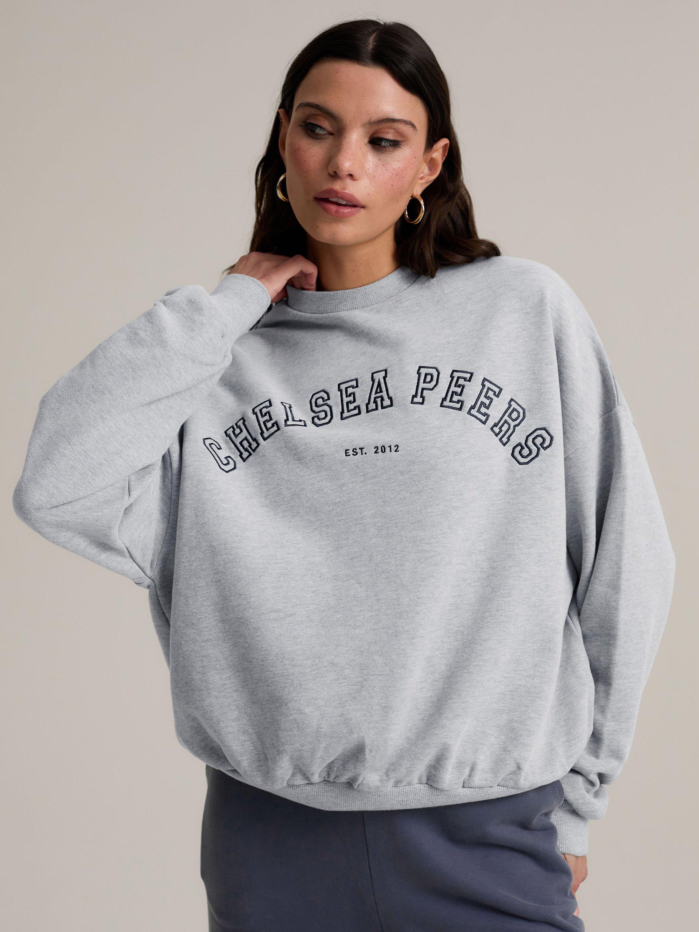 Product image 1 of 8, which shows Chelsea Peers Varsity Logo Pure Organic Cotton Sweatshirt, Grey Marl, 6