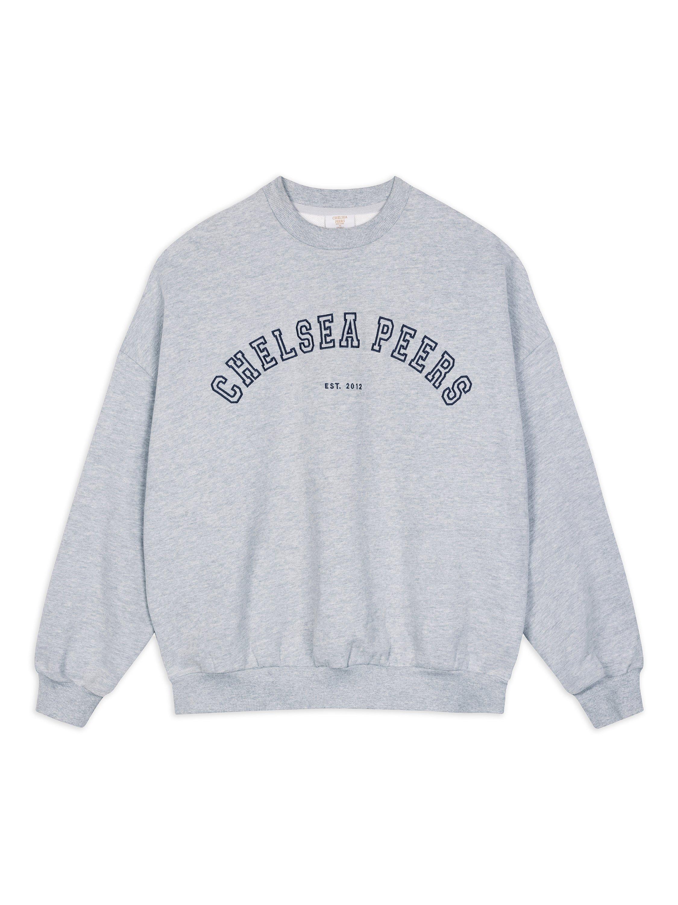 Product image 6 of 8, which shows Chelsea Peers Varsity Logo Pure Organic Cotton Sweatshirt, Grey Marl, 6