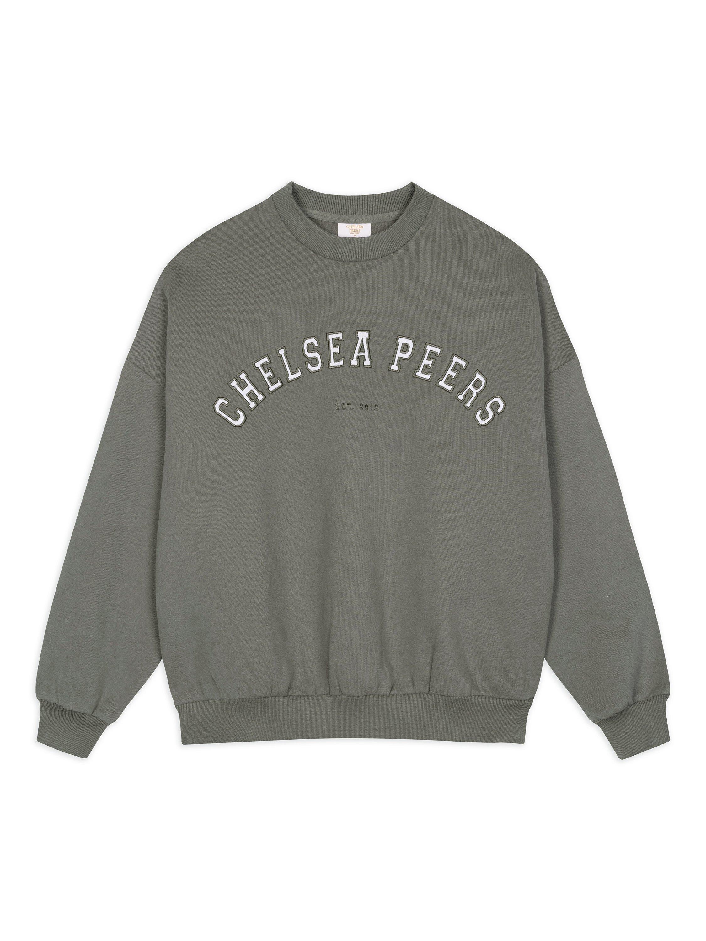 Product image 1 of 3, which shows Chelsea Peers Varsity Logo Pure Organic Cotton Sweatshirt, Sage, 6