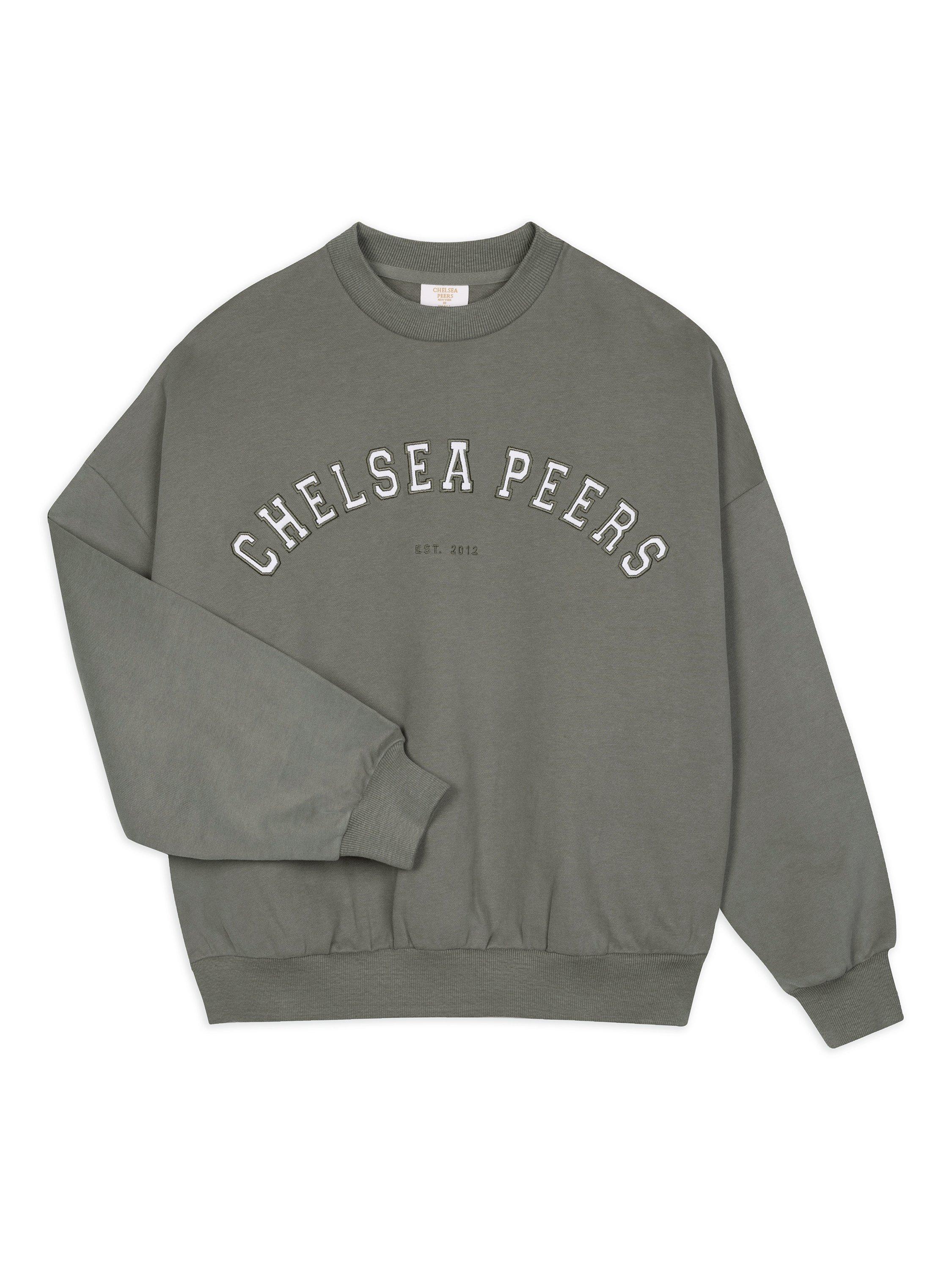Product image 2 of 3, which shows Chelsea Peers Varsity Logo Pure Organic Cotton Sweatshirt, Sage, 6