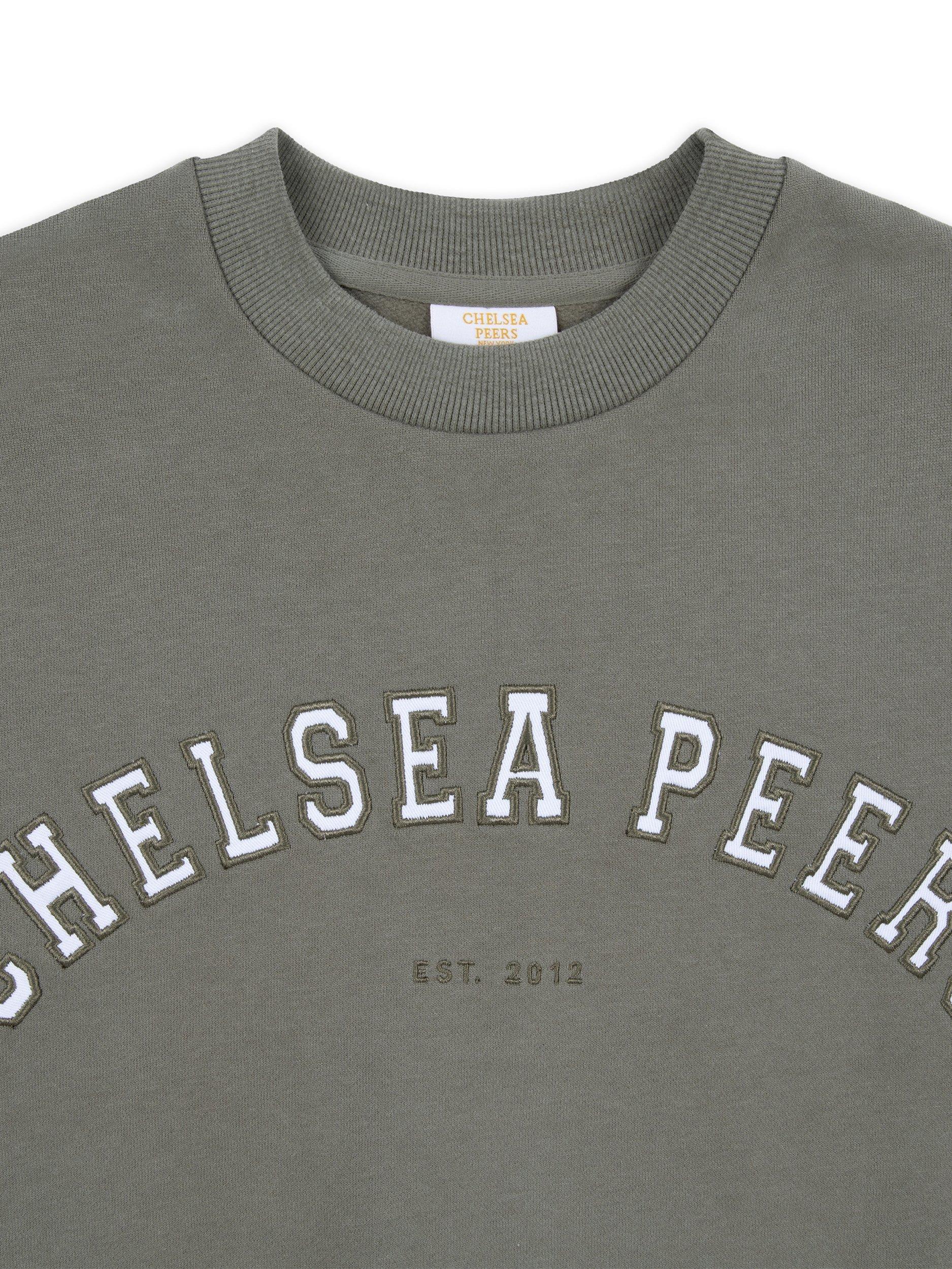Product image 3 of 3, which shows Chelsea Peers Varsity Logo Pure Organic Cotton Sweatshirt, Sage, 6