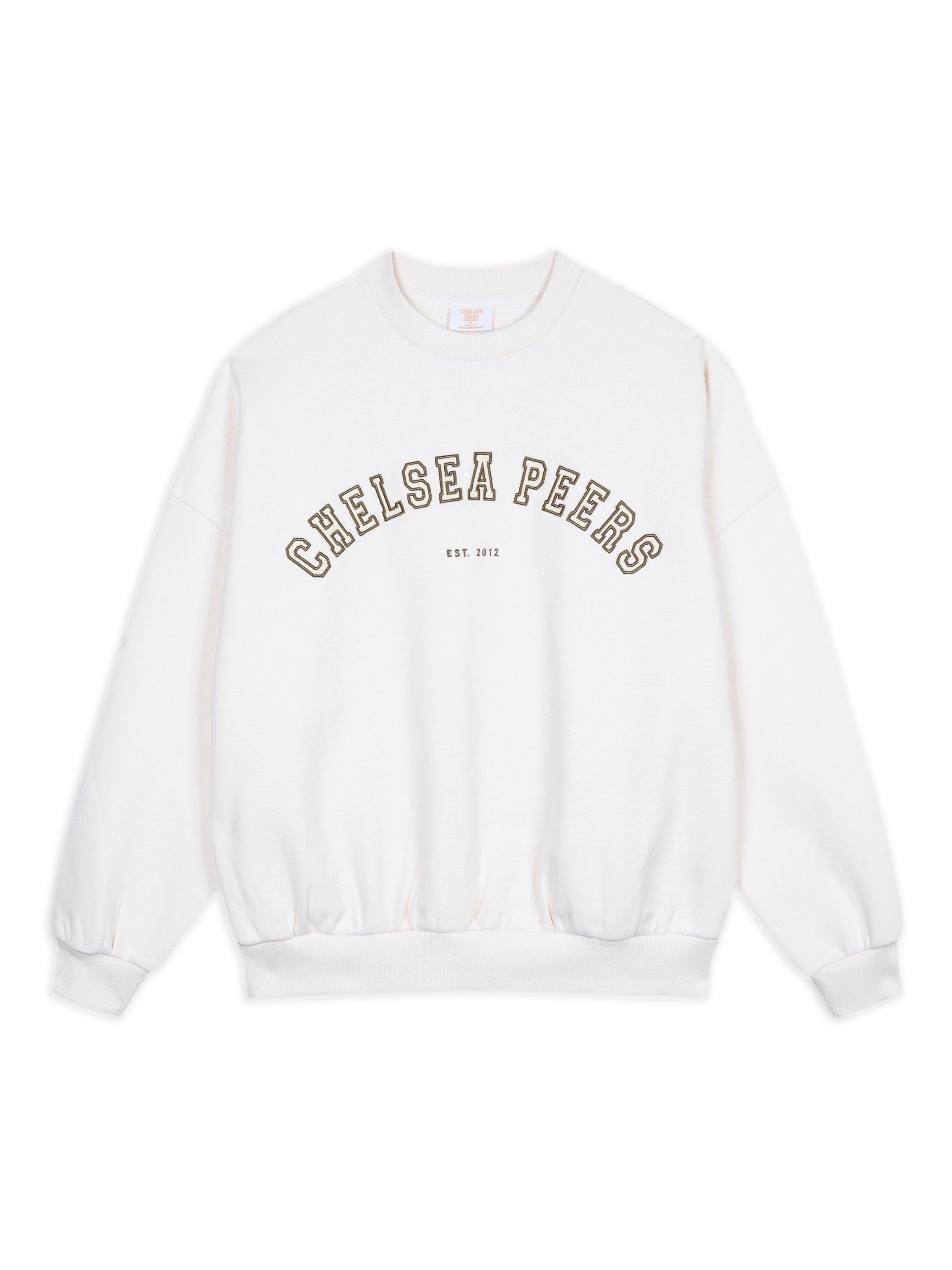 Product image 1 of 3, which shows Chelsea Peers Varsity Logo Pure Organic Cotton Sweatshirt, Cream, 6