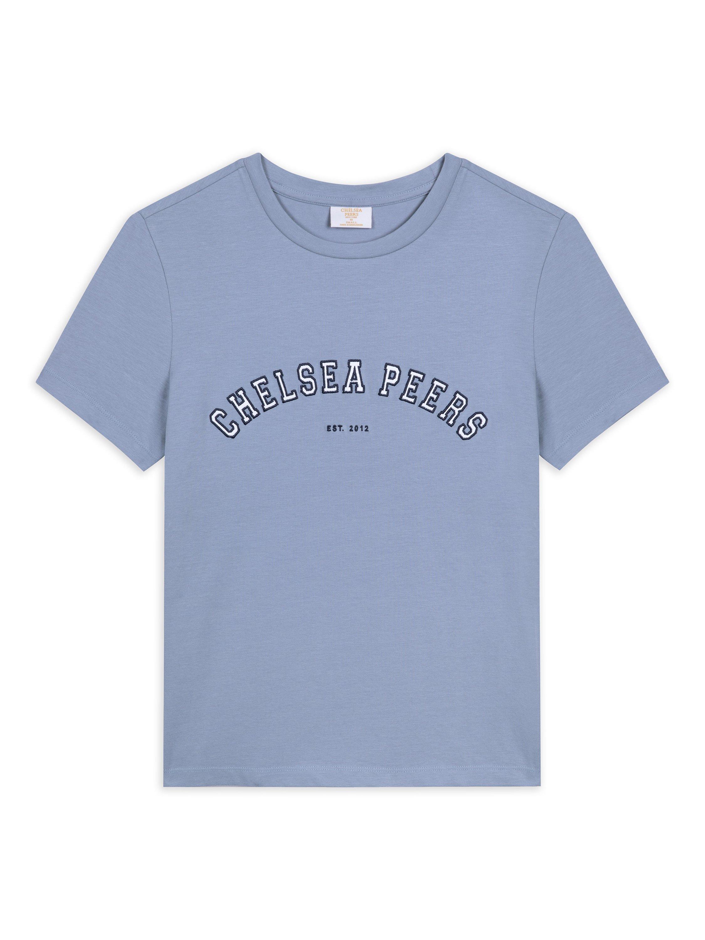 Product image 1 of 3, which shows Chelsea Peers Varsity Logo Pure Organic Cotton T-Shirt, Petrol Blue, 18