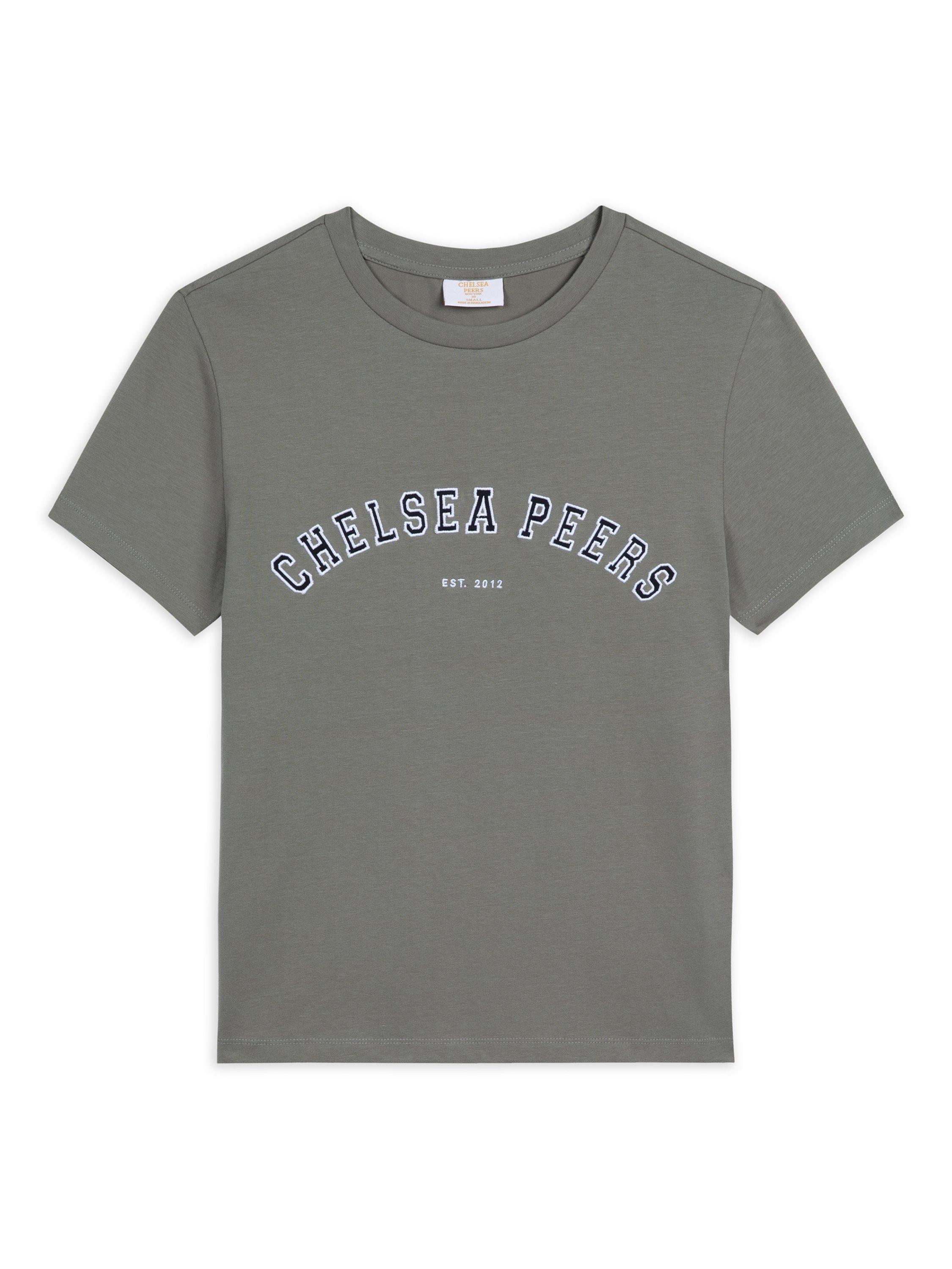 Product image 1 of 3, which shows Chelsea Peers Varsity Logo Pure Organic Cotton T-Shirt, Sage, 6