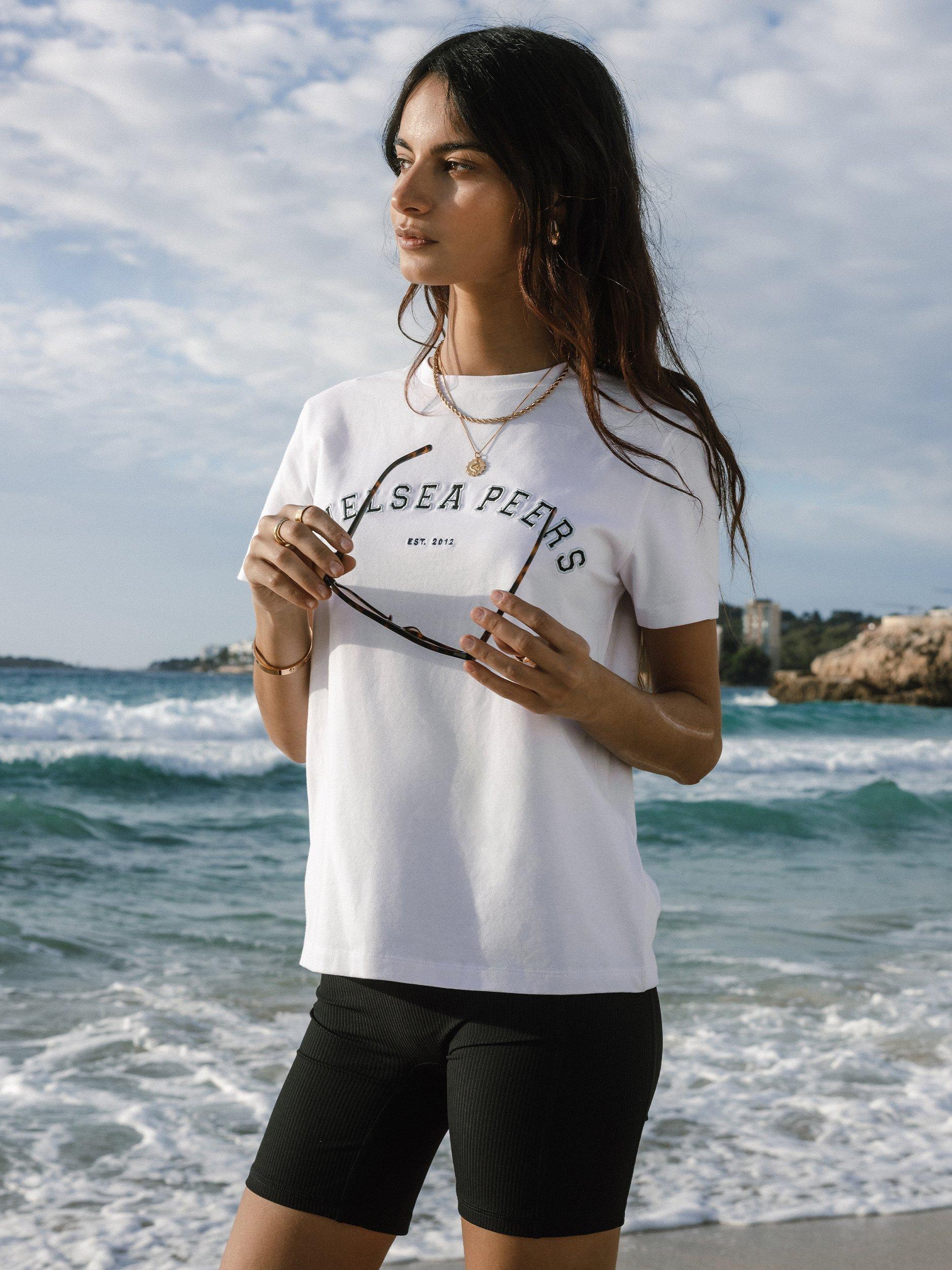 Product image 1 of 4, which shows Chelsea Peers Varsity Logo Pure Organic Cotton T-Shirt, Cream, 6