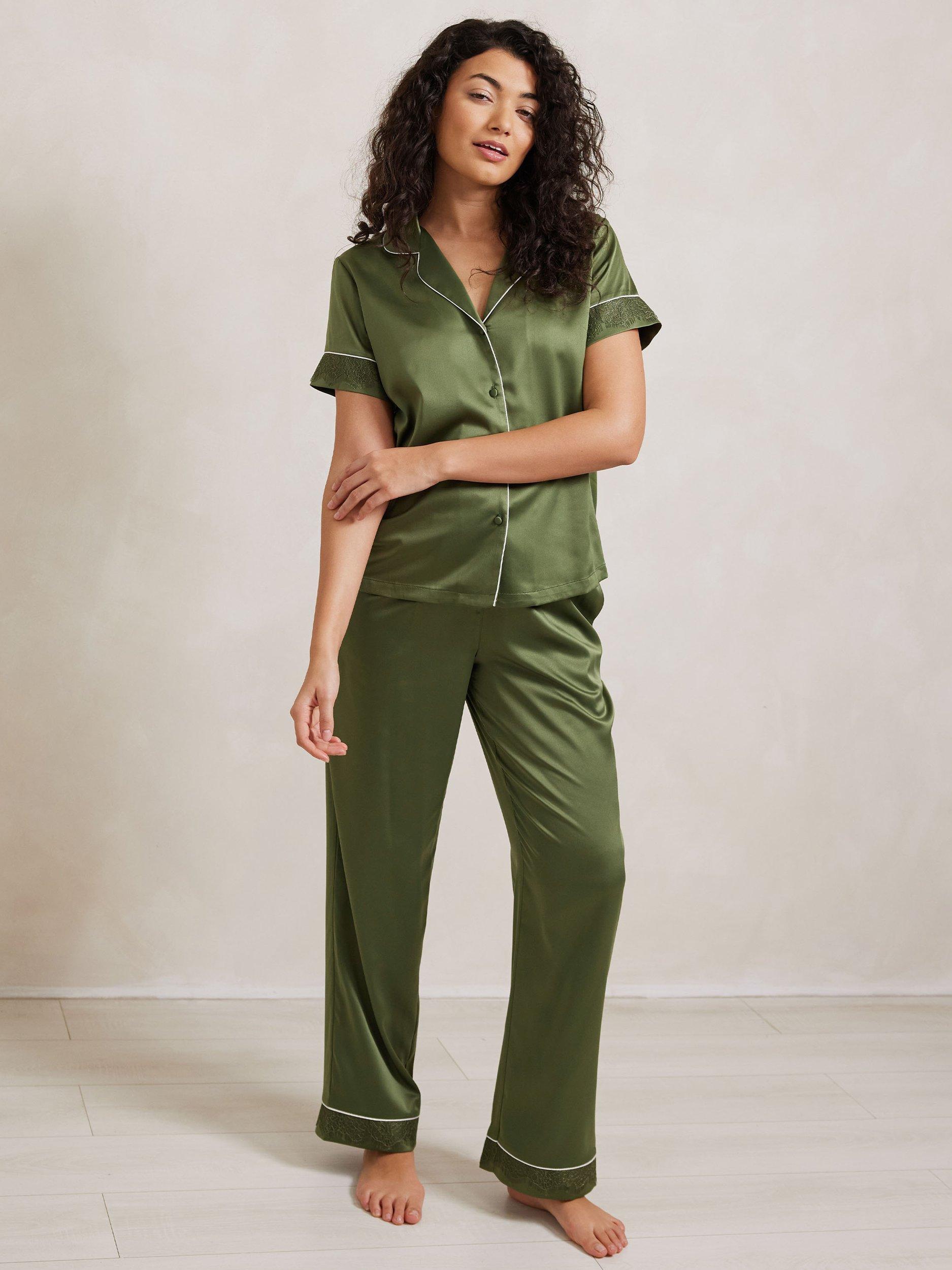 Product image 1 of 5, which shows Chelsea Peers Satin Lace Trim Pyjama Set, Forest Green, 6