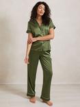 Chelsea Peers Satin Lace Trim Pyjama Set, Forest Green