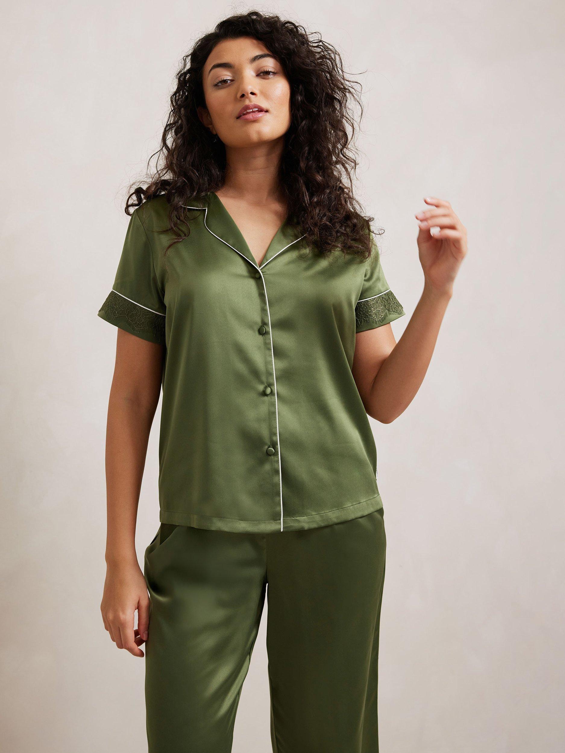 Product image 2 of 5, which shows Chelsea Peers Satin Lace Trim Pyjama Set, Forest Green, 6