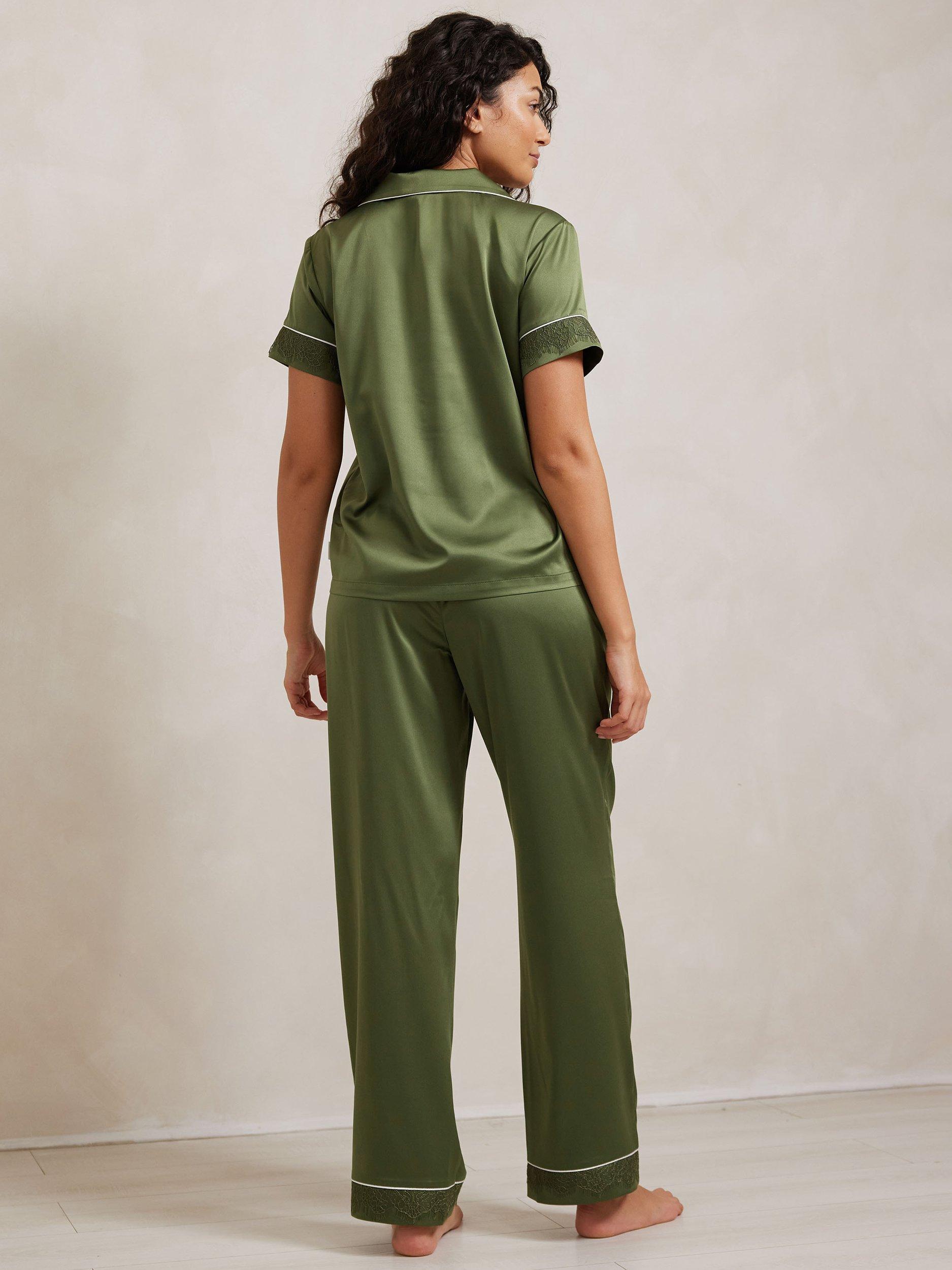 Product image 4 of 5, which shows Chelsea Peers Satin Lace Trim Pyjama Set, Forest Green, 6