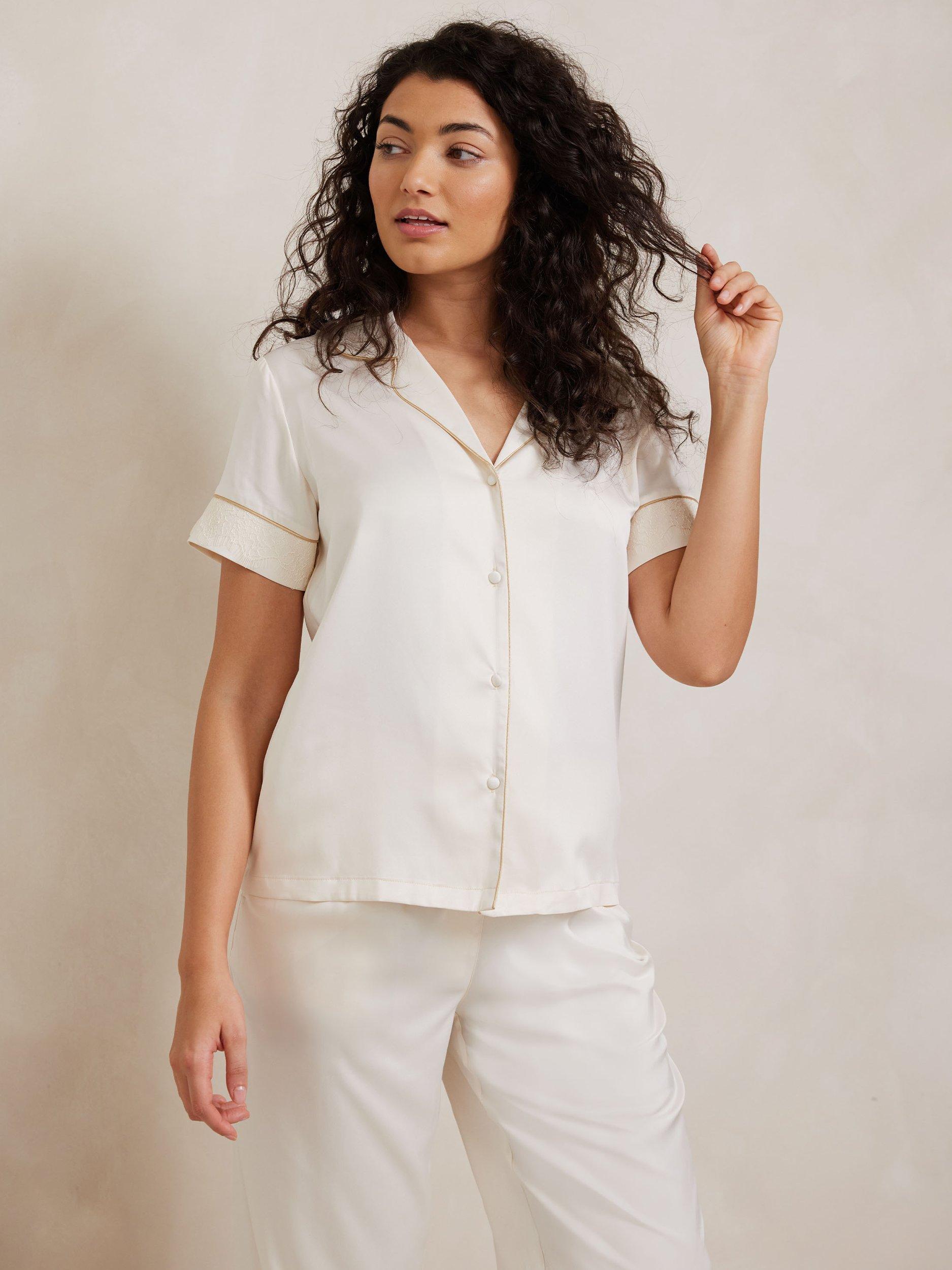 Product image 2 of 5, which shows Chelsea Peers Satin Lace Trim Pyjama Set, Ivory, 6