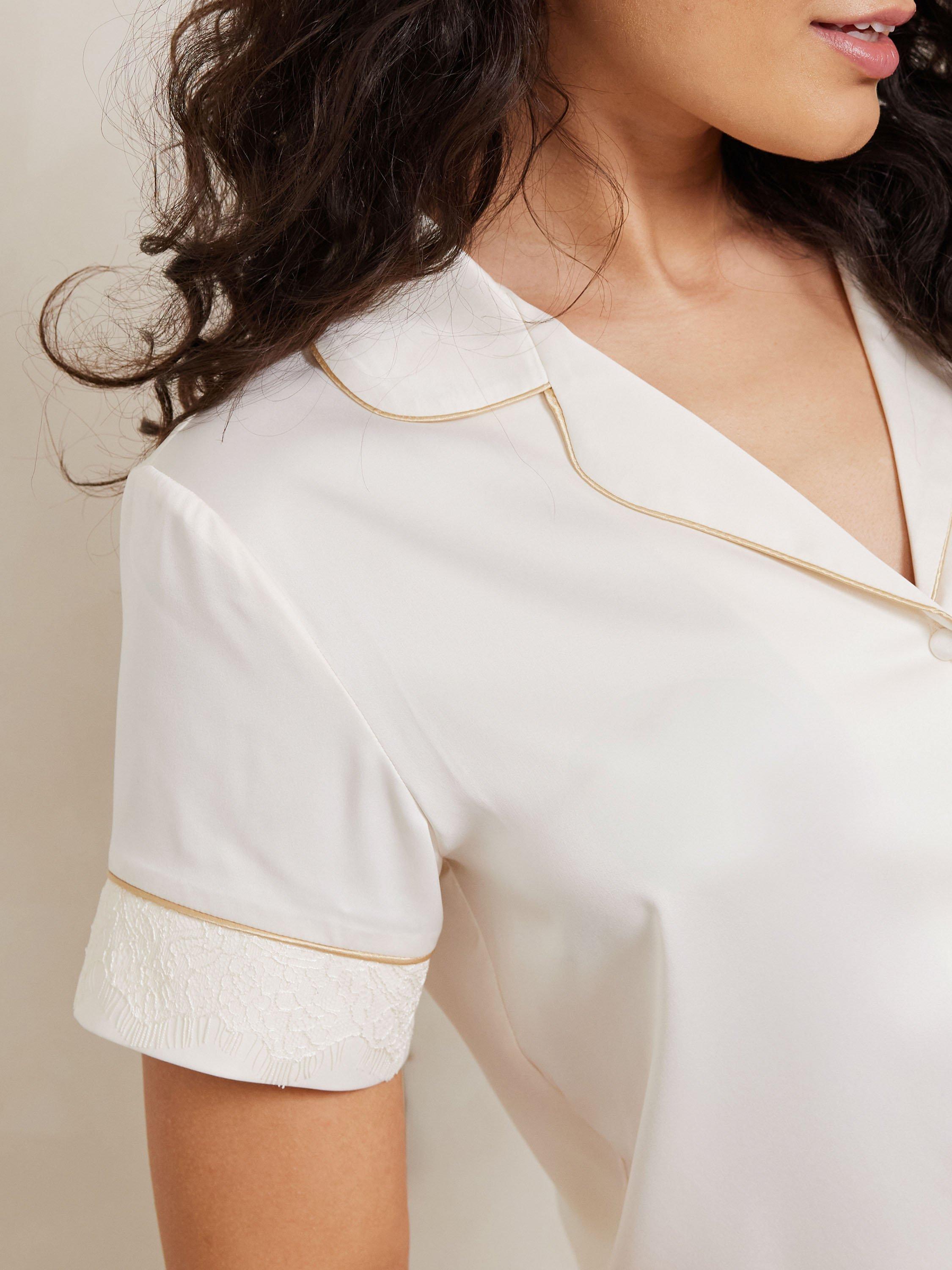 Product image 5 of 5, which shows Chelsea Peers Satin Lace Trim Pyjama Set, Ivory, 6