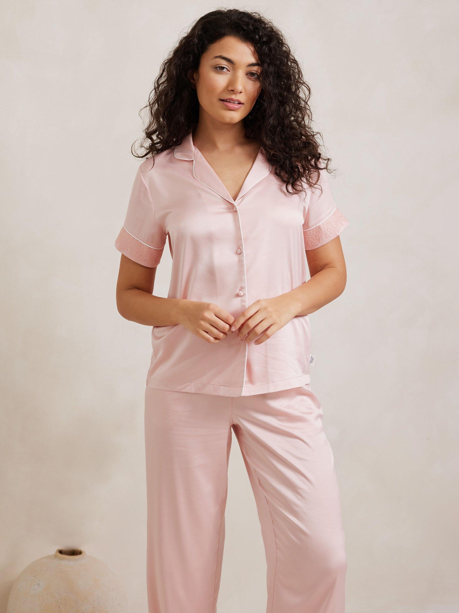 Product image 2 of 5, which shows Chelsea Peers Satin Lace Trim Pyjama Set, Pink, 6