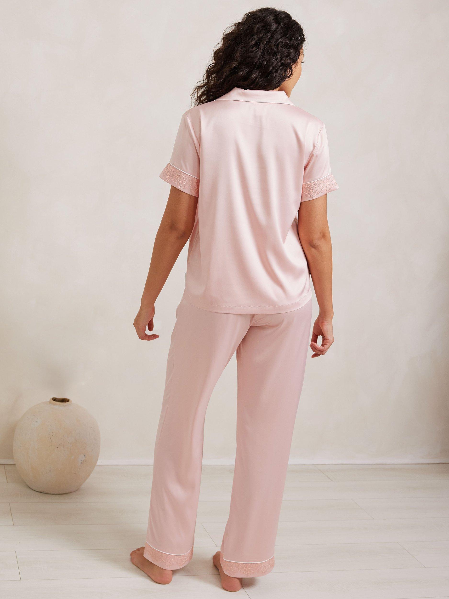 Product image 4 of 5, which shows Chelsea Peers Satin Lace Trim Pyjama Set, Pink, 6