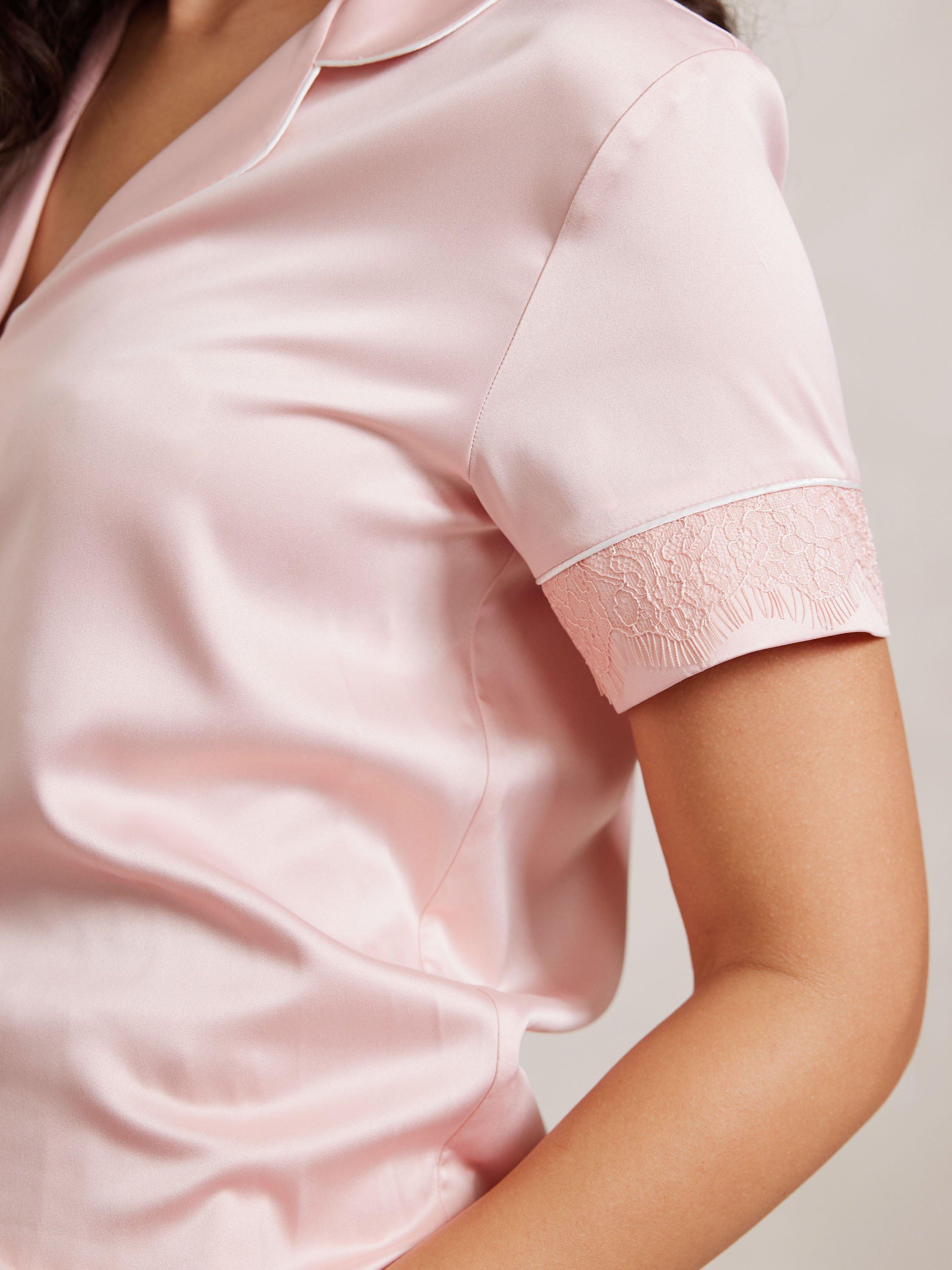 Product image 5 of 5, which shows Chelsea Peers Satin Lace Trim Pyjama Set, Pink, 6