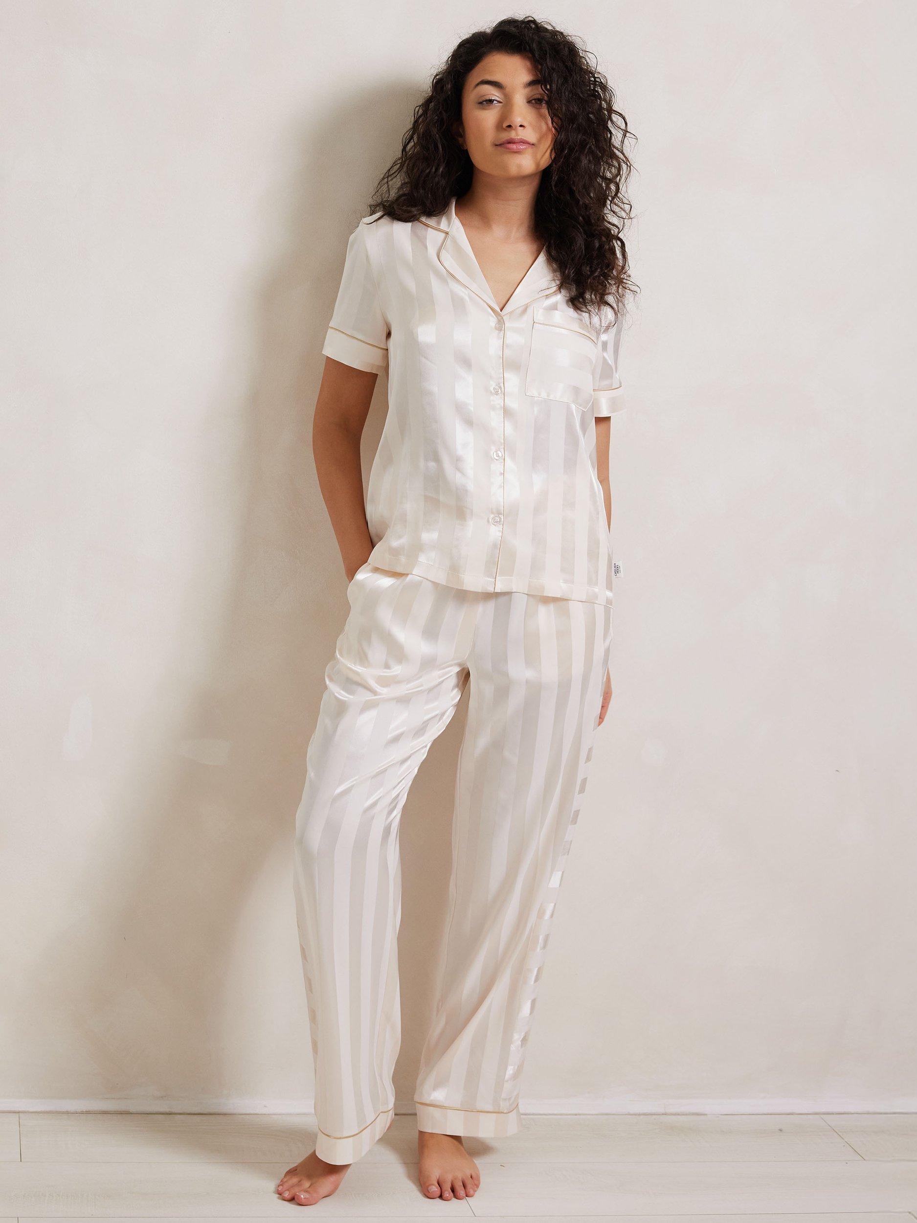 Product image 1 of 5, which shows Chelsea Peers Stripe Satin Long Pyjama Set, Off White, 6