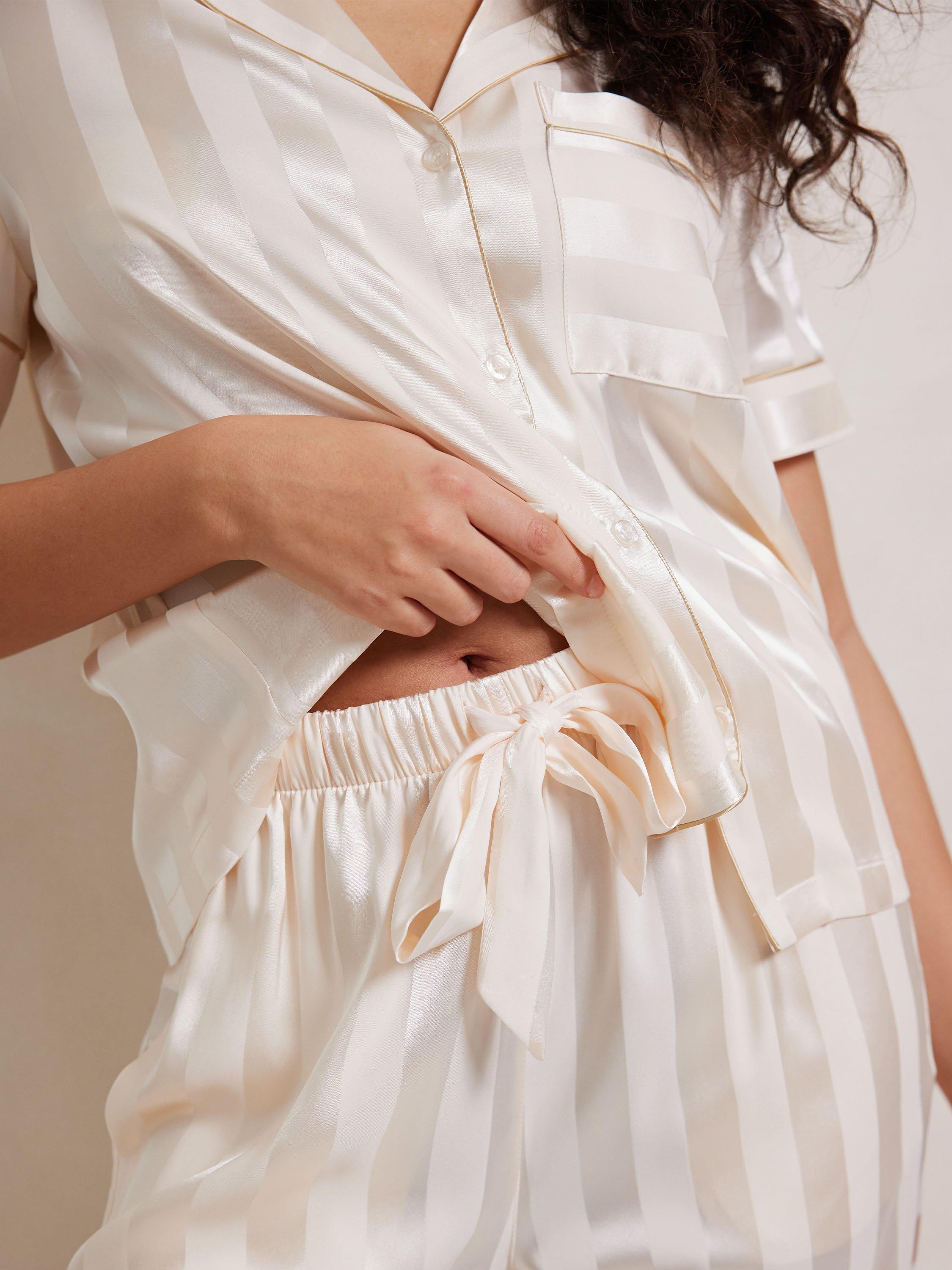 Product image 3 of 5, which shows Chelsea Peers Stripe Satin Long Pyjama Set, Off White, 6