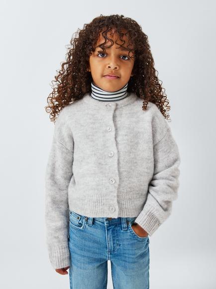 John Lewis Kids' Spongy Yarn Crew Neck Cardigan, Grey, Grey