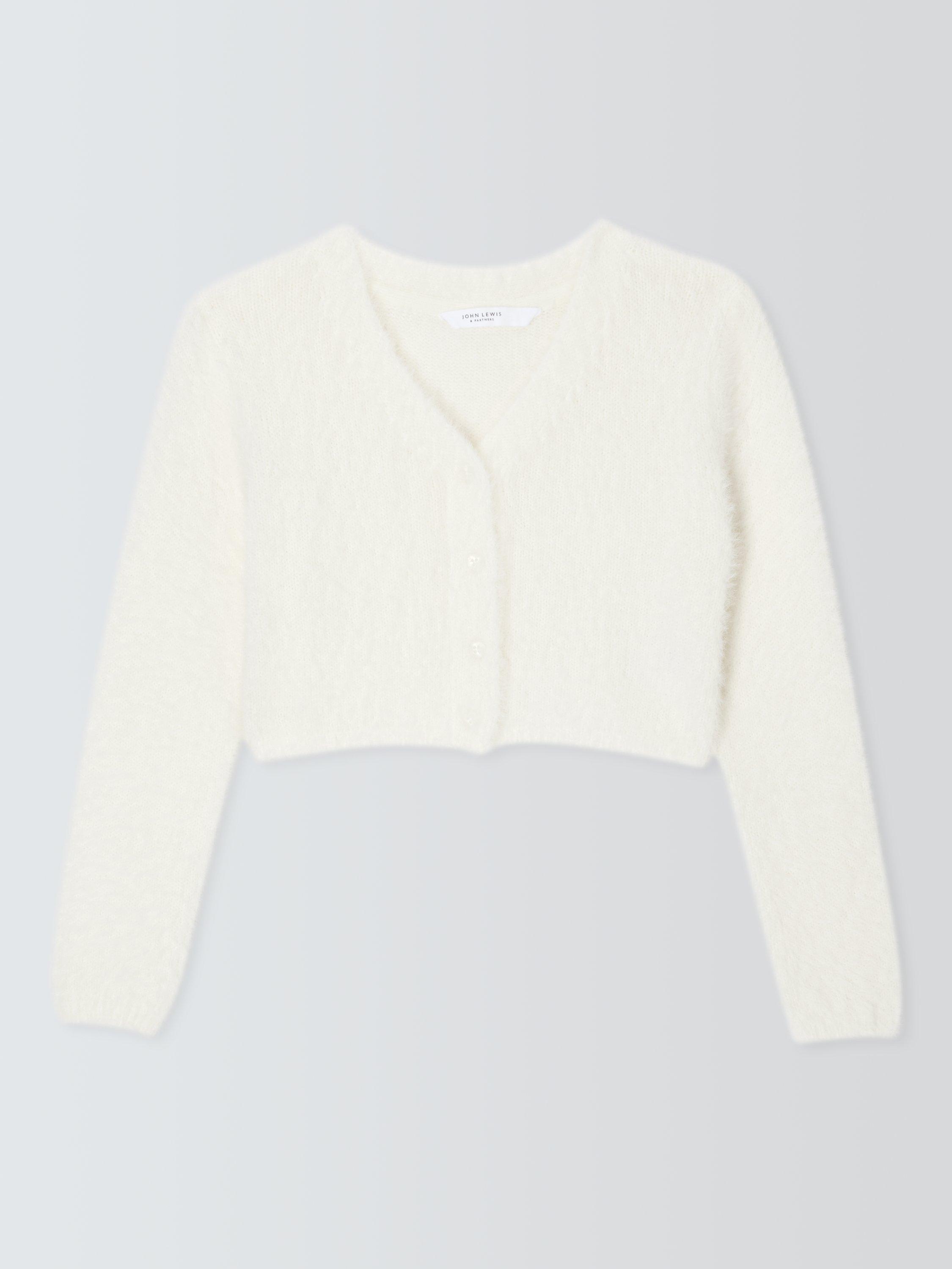 Product image 1 of 3, which shows John Lewis Kids' Eyelash V-Neck Cardigan, White, 3 years