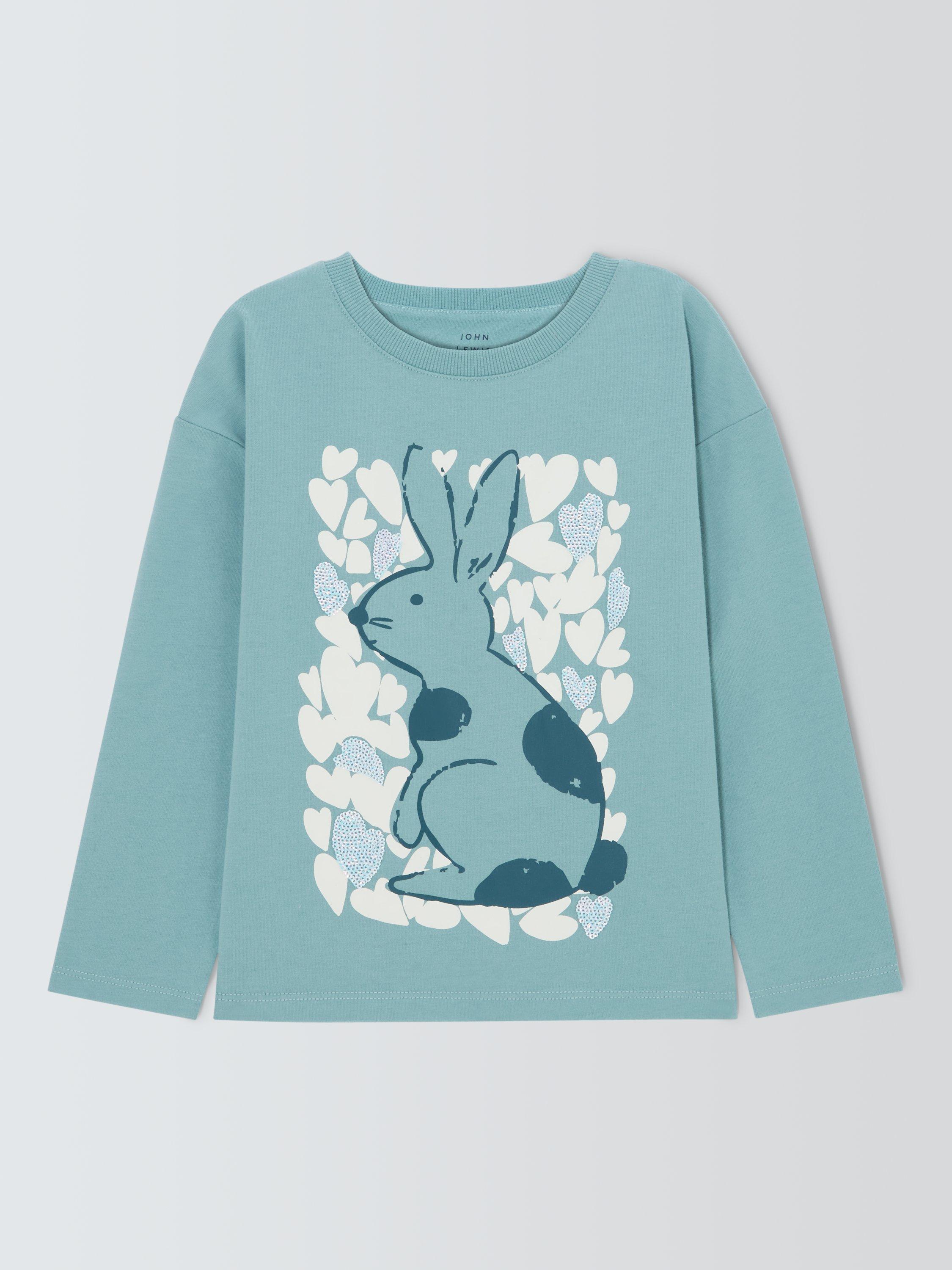 Product image 1 of 3, which shows John Lewis Kids' Hearts Bunny Top, Blue, 3 years
