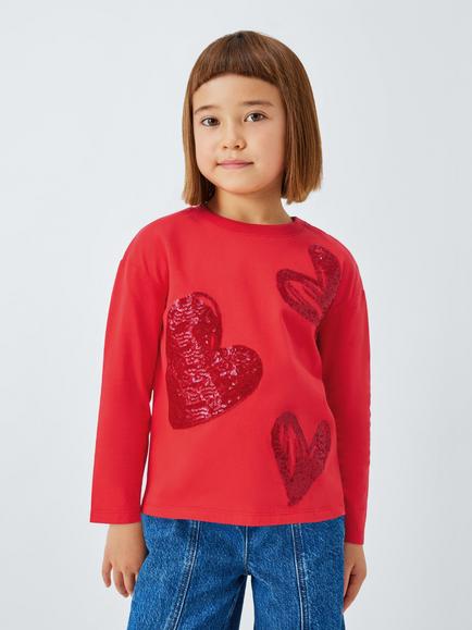 John Lewis Kids' Sequin Heart Jersey Top, Red, Red